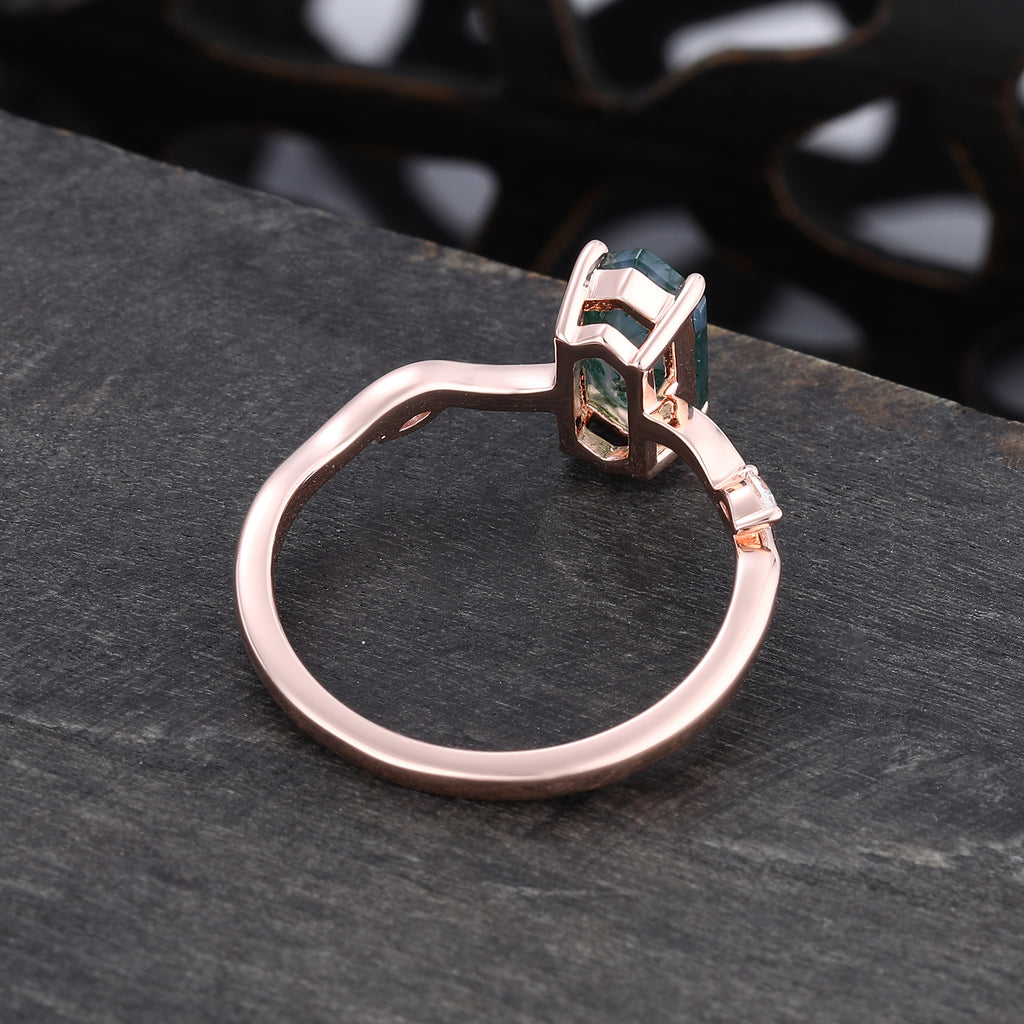 Leafwave Long Hexagon Cut Moss Agate Nature Inspired Promise Ring