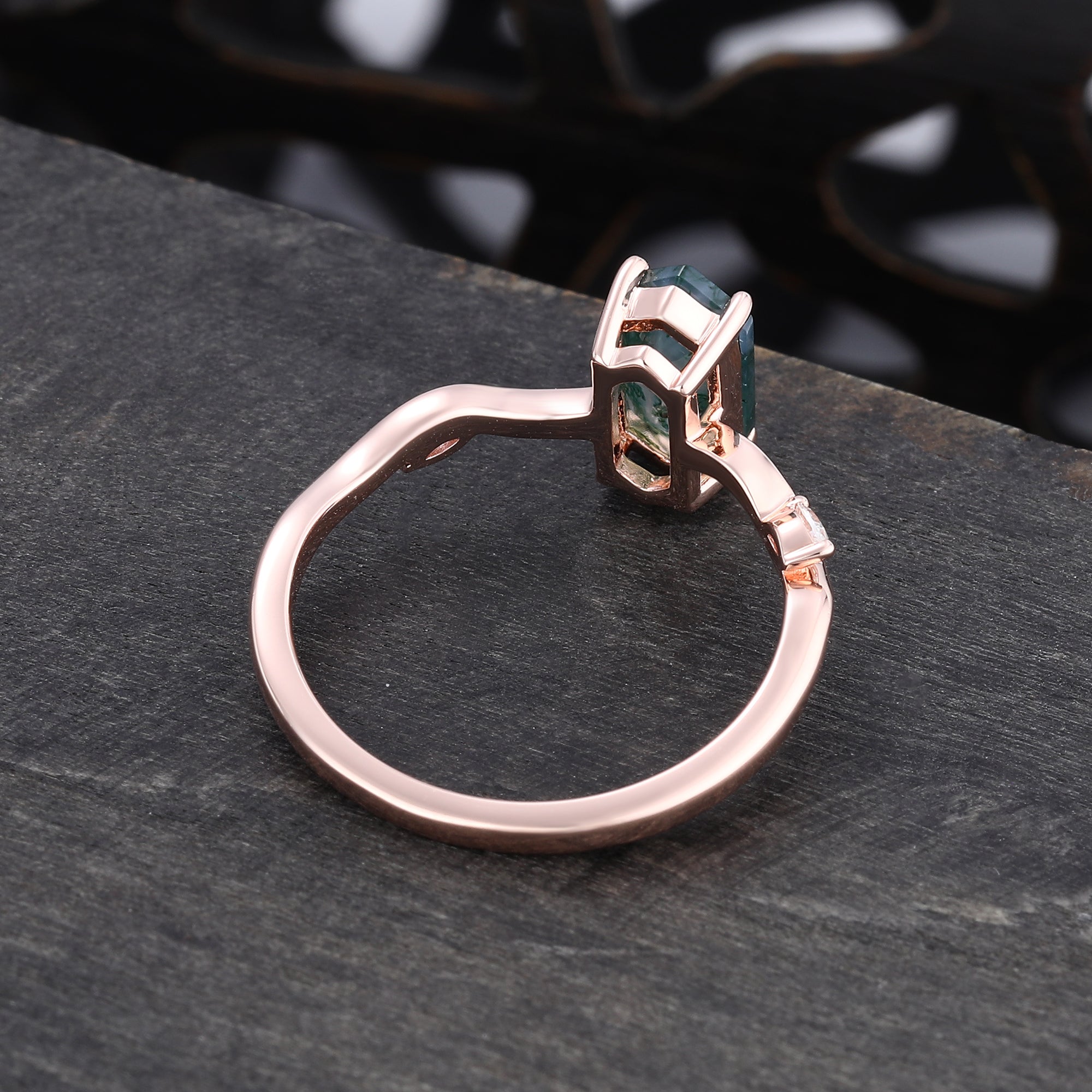 Leafwave Long Hexagon Cut Moss Agate Nature Inspired Promise Ring