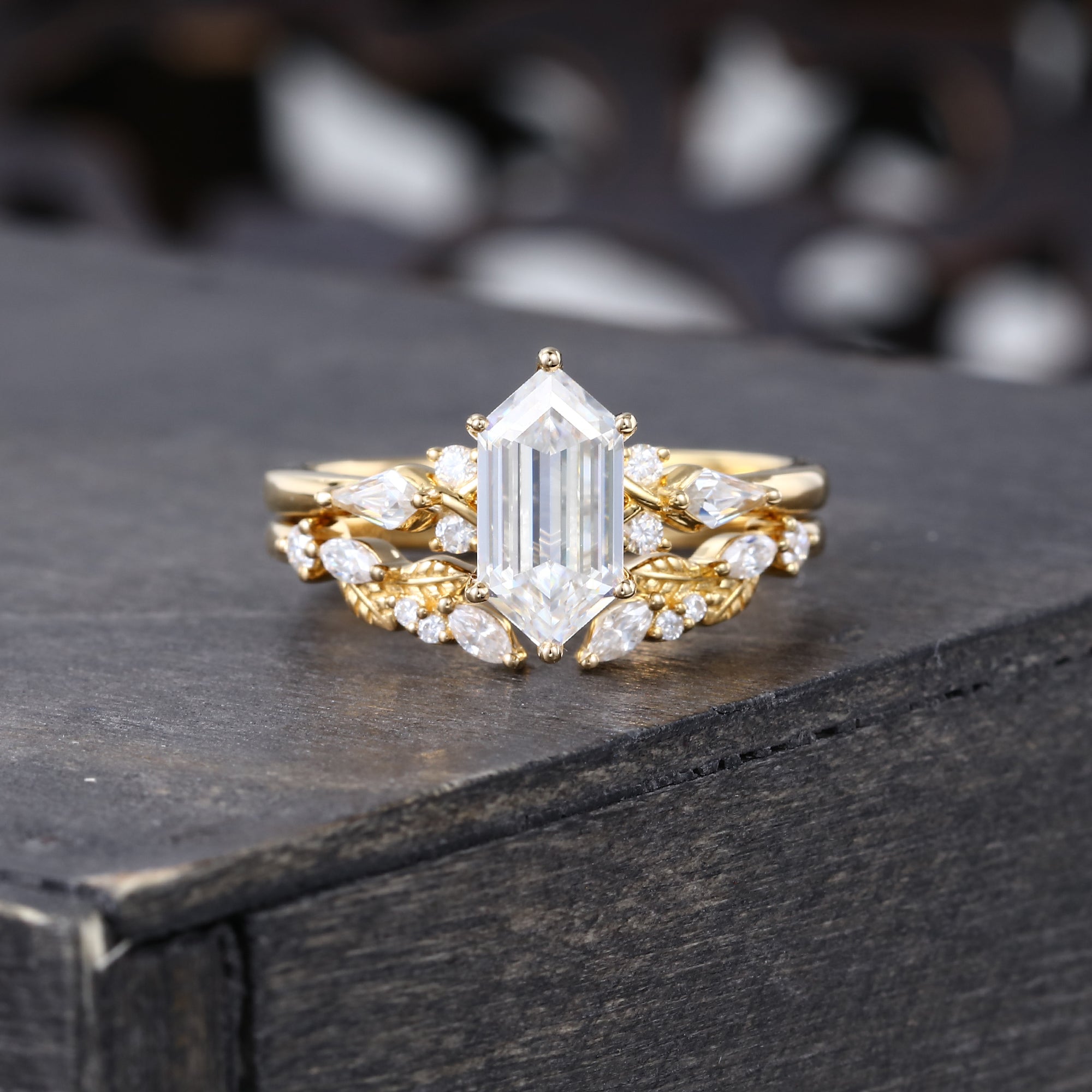 Long Hexagon Cut Lab Diamond Bridal Set Unique Engagement Ring Set