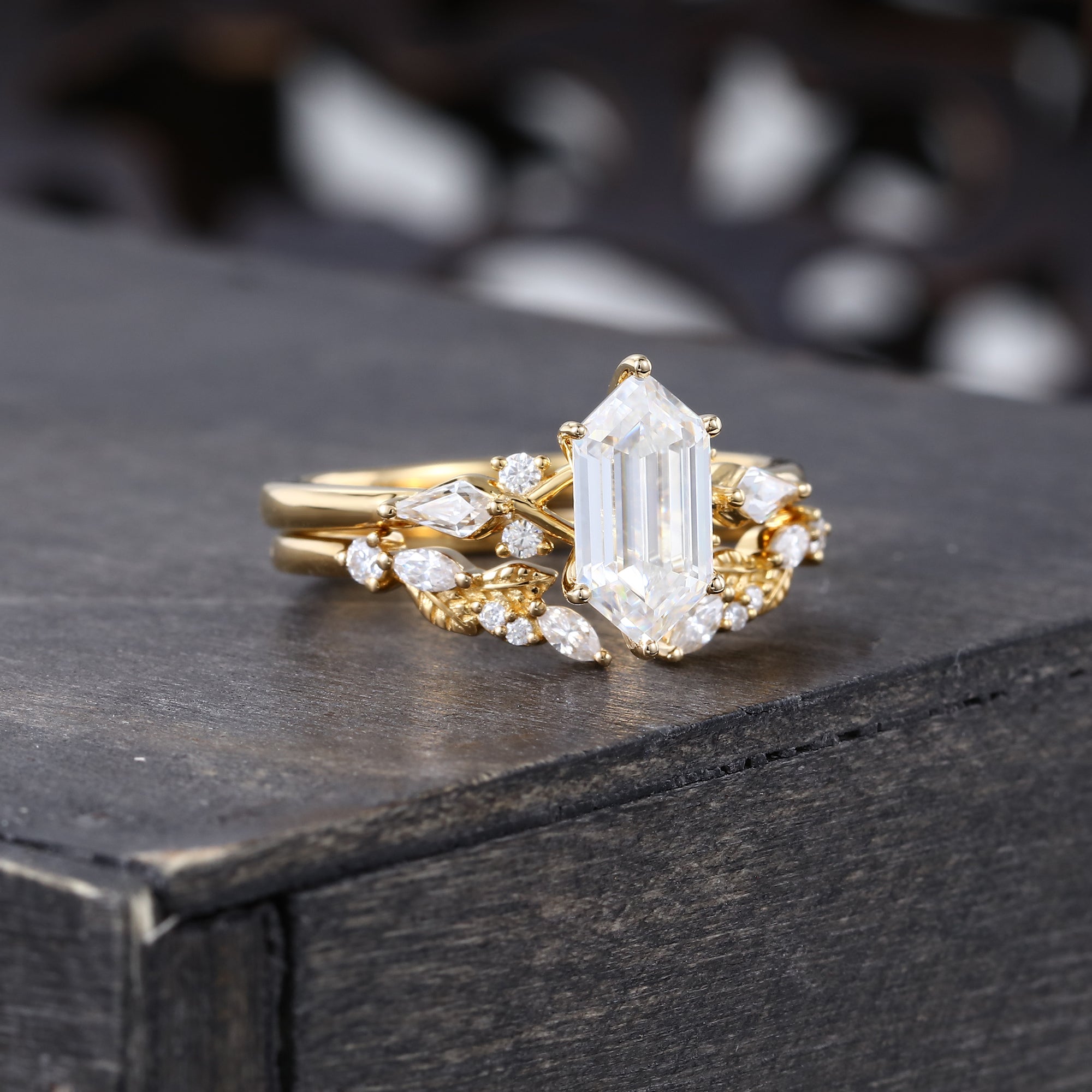Long Hexagon Cut Lab Diamond Bridal Set Unique Engagement Ring Set