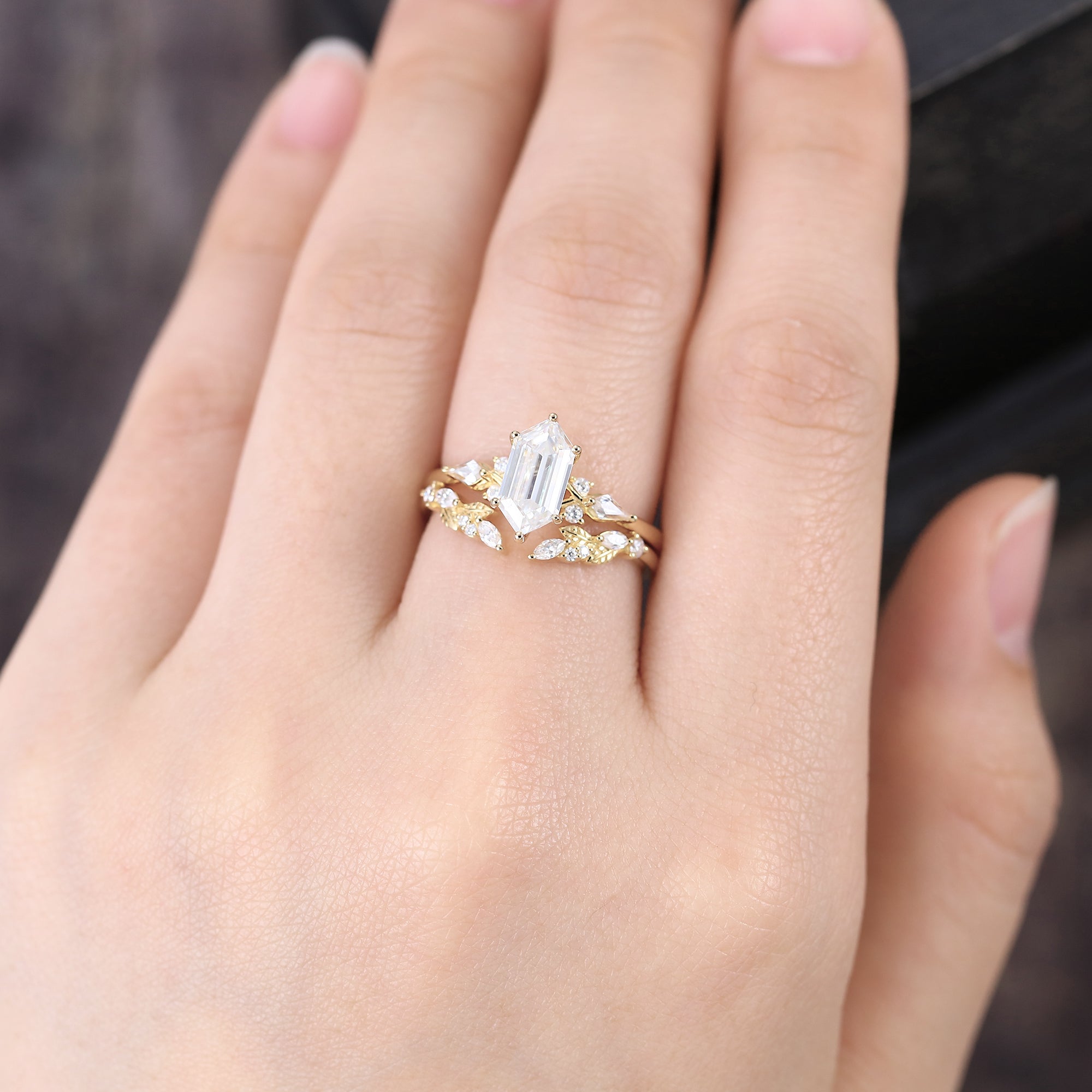 Long Hexagon Cut Lab Diamond Bridal Set Unique Engagement Ring Set