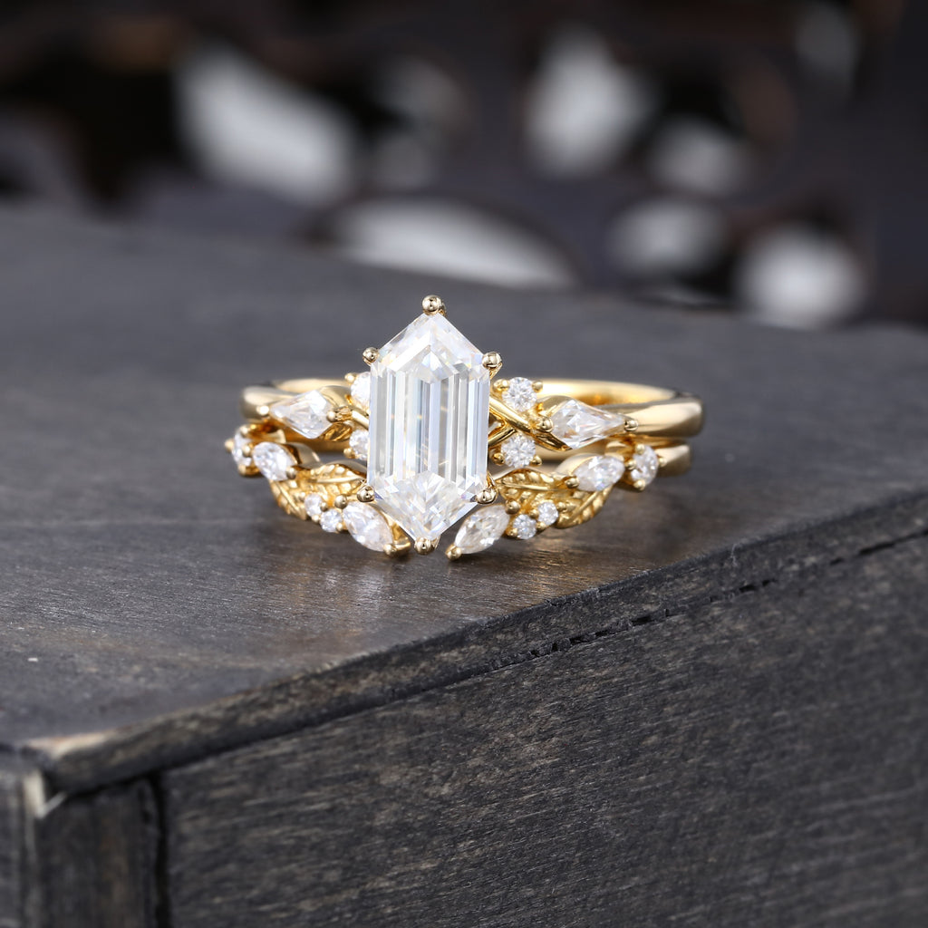 Long Hexagon Cut Lab Diamond Bridal Set Unique Engagement Ring Set