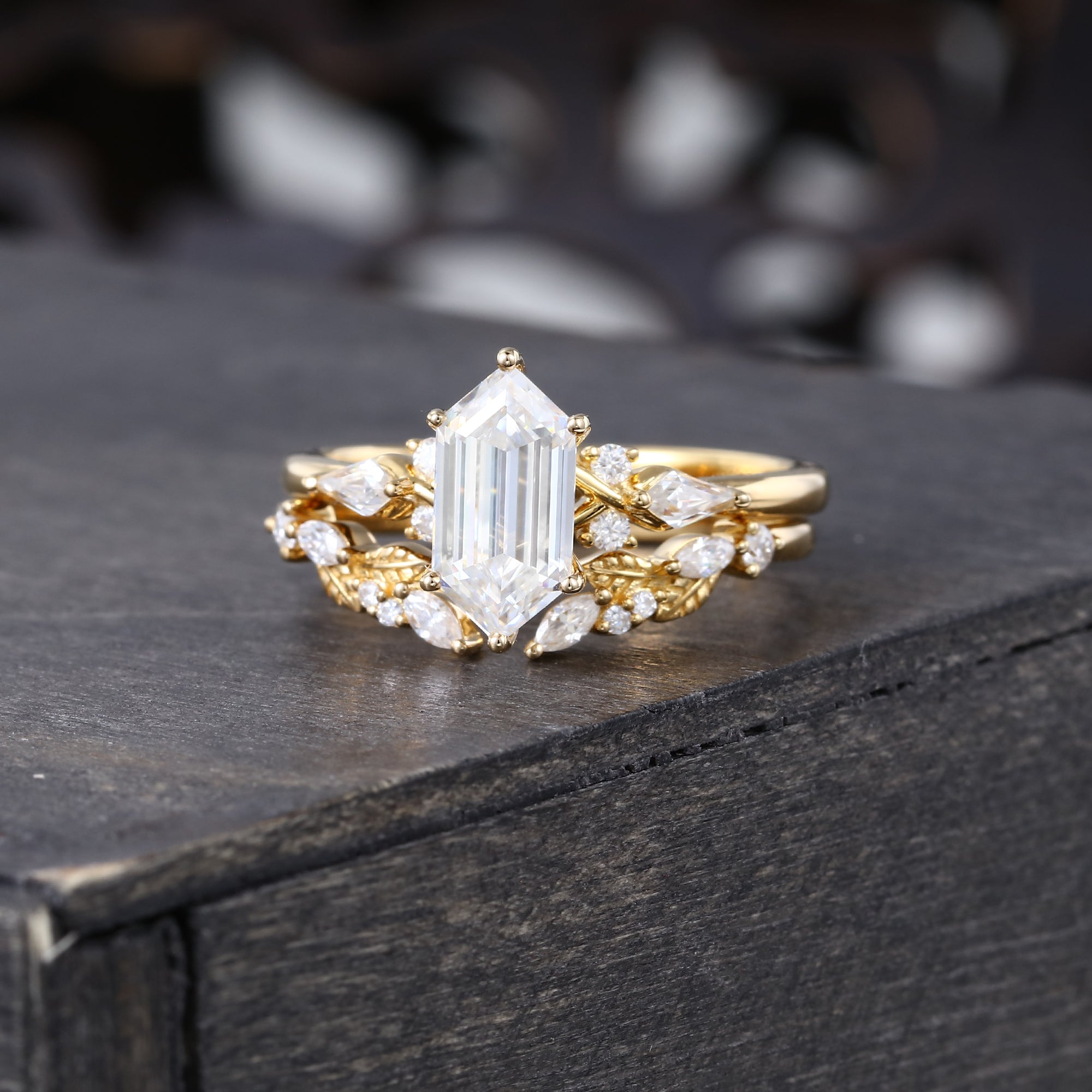 Long Hexagon Cut Lab Diamond Bridal Set Unique Engagement Ring Set