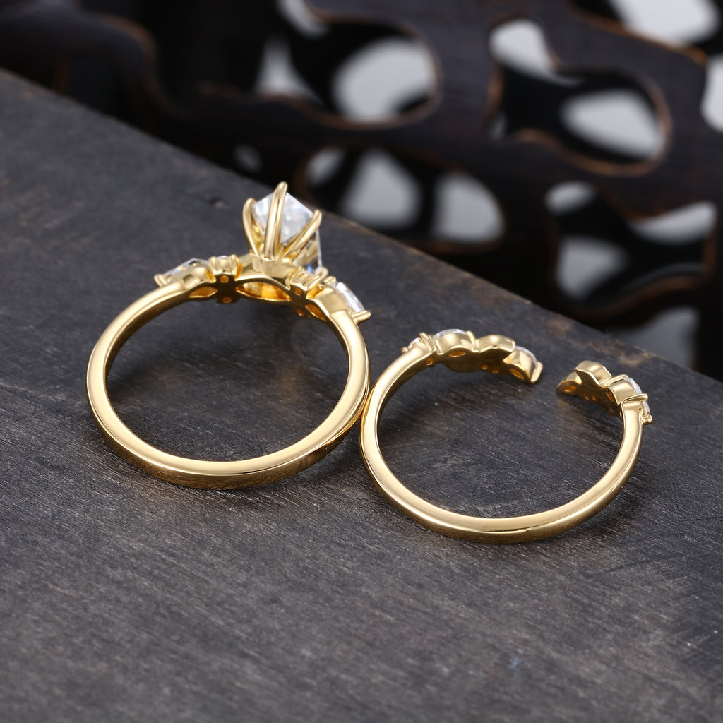 Long Hexagon Cut Lab Diamond Bridal Set Unique Engagement Ring Set