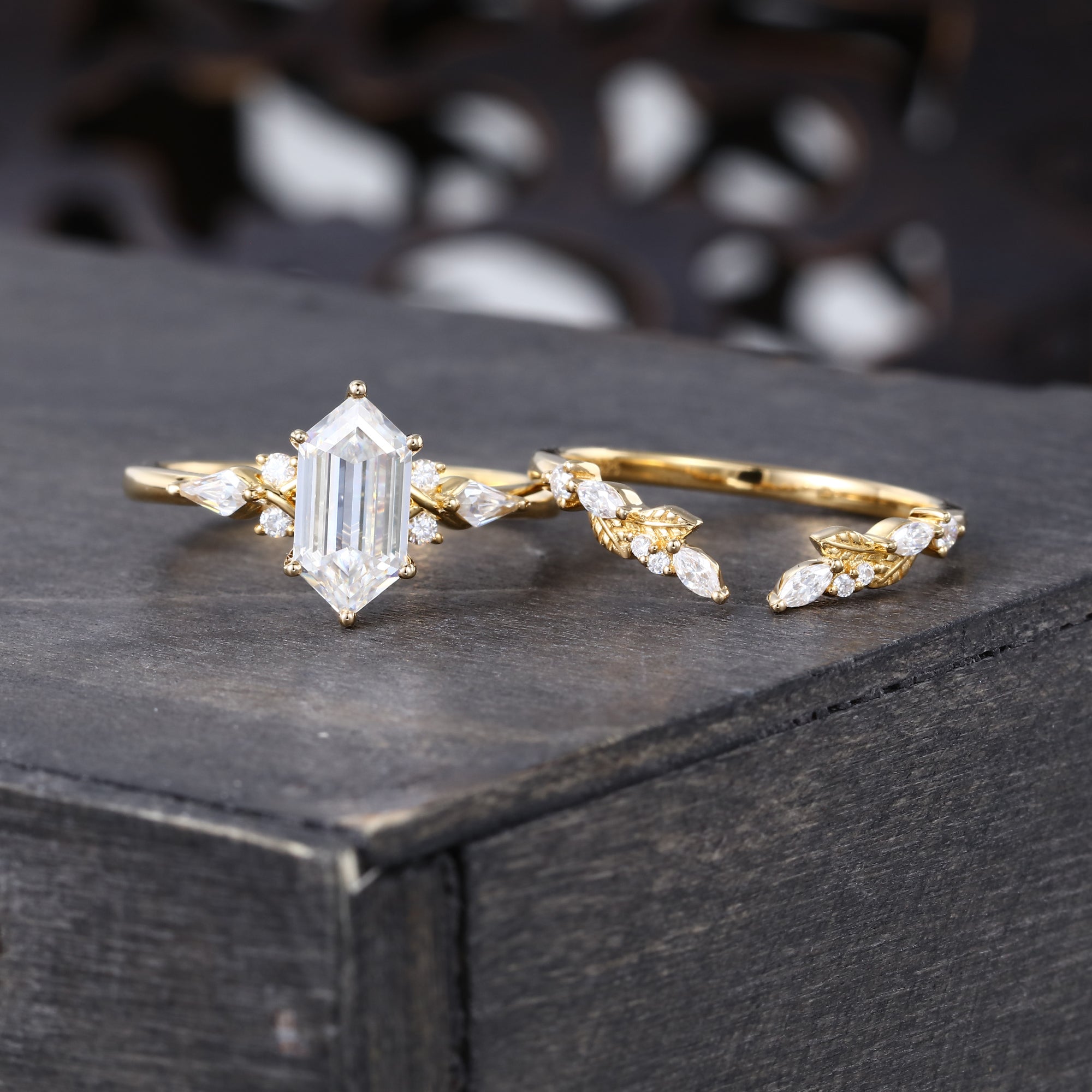 Long Hexagon Cut Lab Diamond Bridal Set Unique Engagement Ring Set