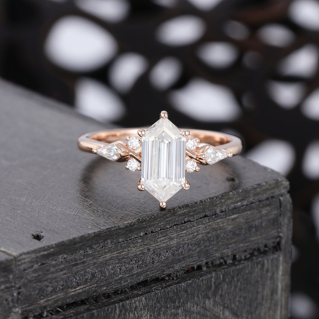 Long Hexagon Cut Moissanite Engagement Ring In Rose Gold