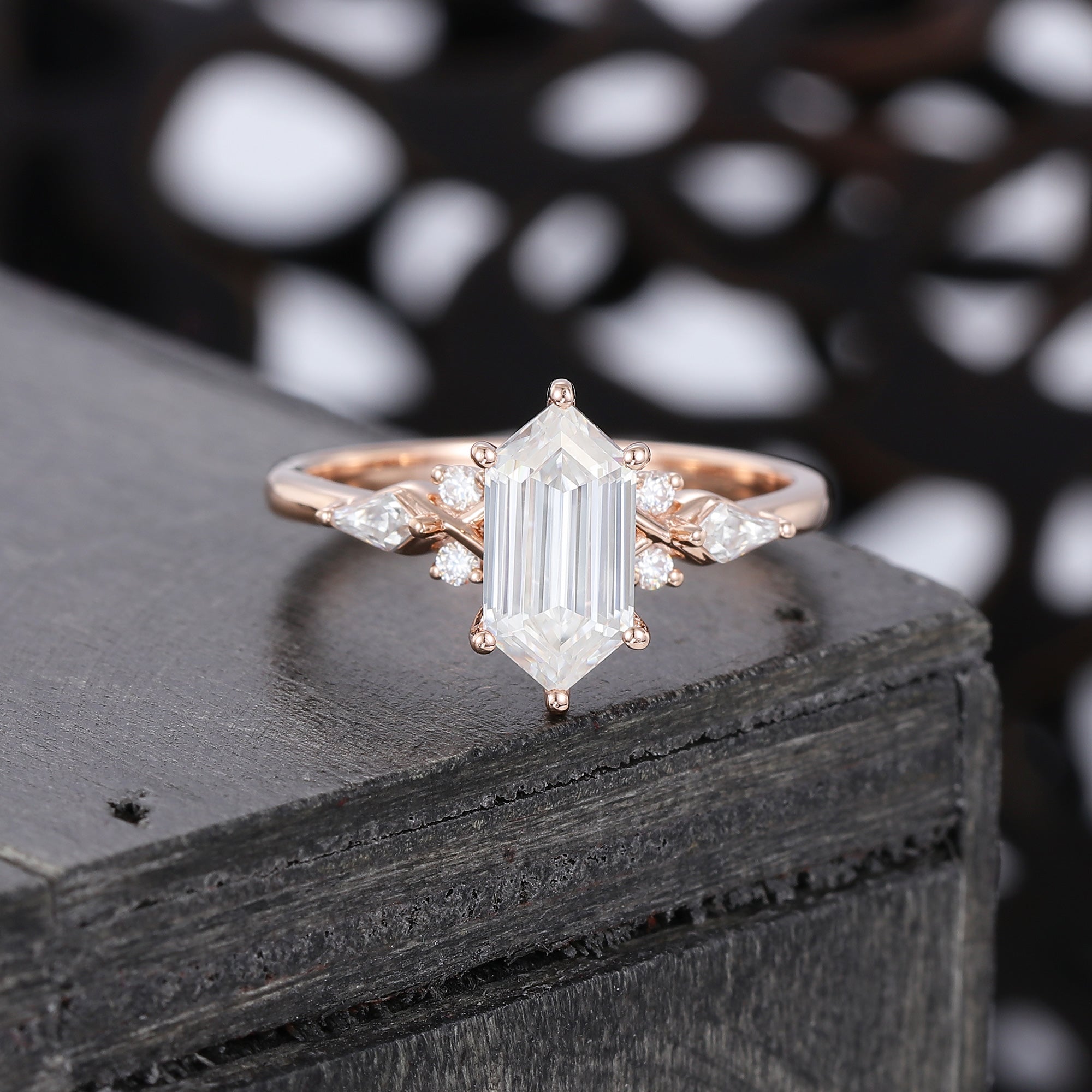 Long Hexagon Cut Moissanite Engagement Ring In Rose Gold