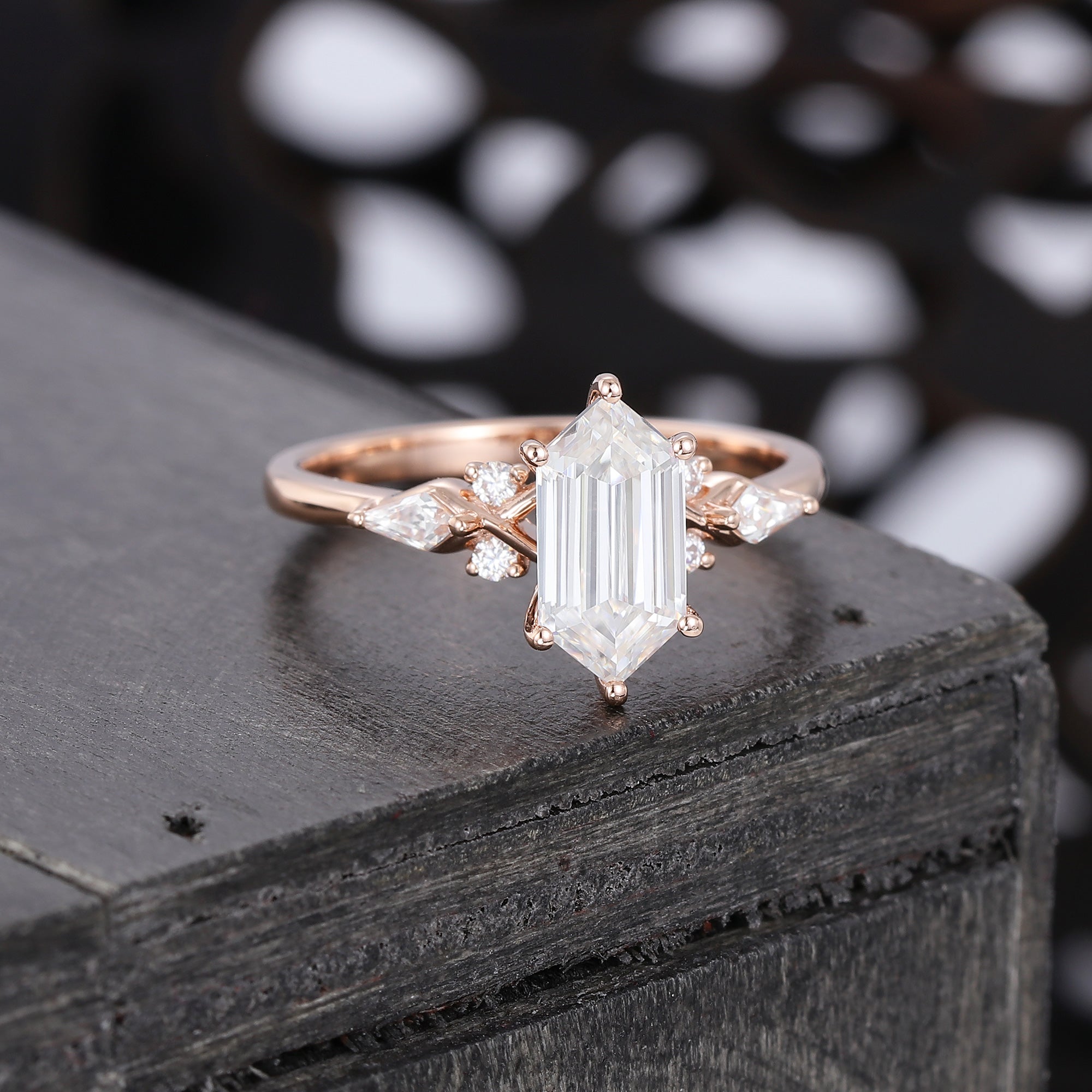 Long Hexagon Cut Moissanite Engagement Ring In Rose Gold