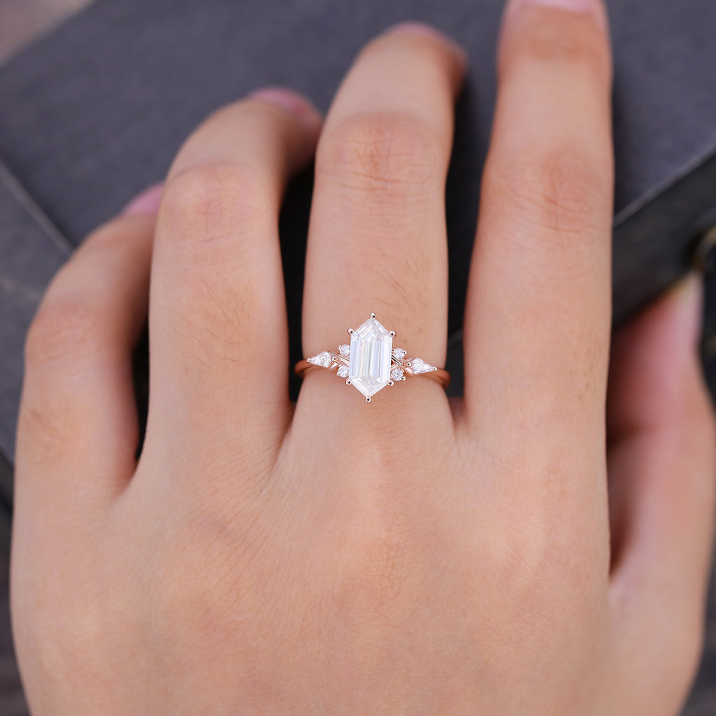 Long Hexagon Cut Moissanite Engagement Ring In Rose Gold