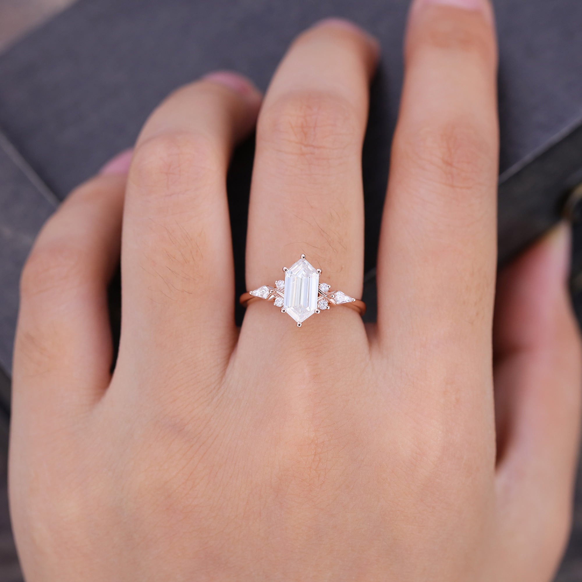 Long Hexagon Cut Moissanite Engagement Ring In Rose Gold