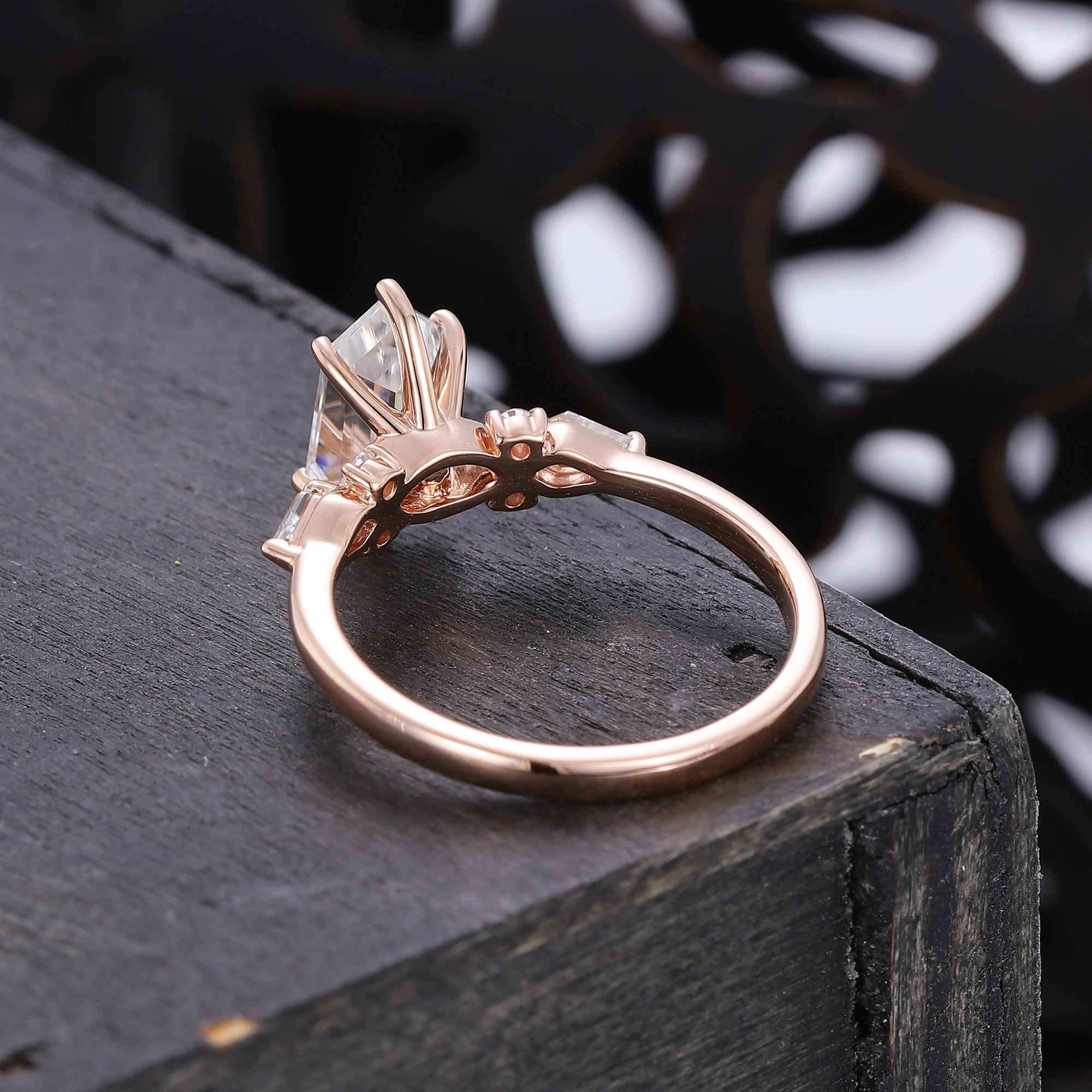 Long Hexagon Cut Moissanite Engagement Ring In Rose Gold