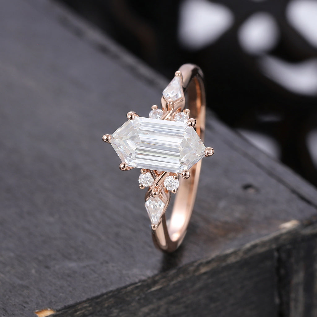 Long Hexagon Cut Moissanite Engagement Ring In Rose Gold