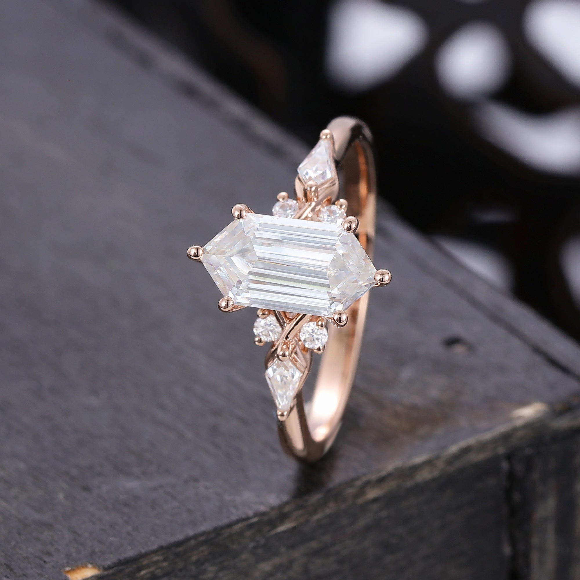 Long Hexagon Cut Moissanite Engagement Ring In Rose Gold