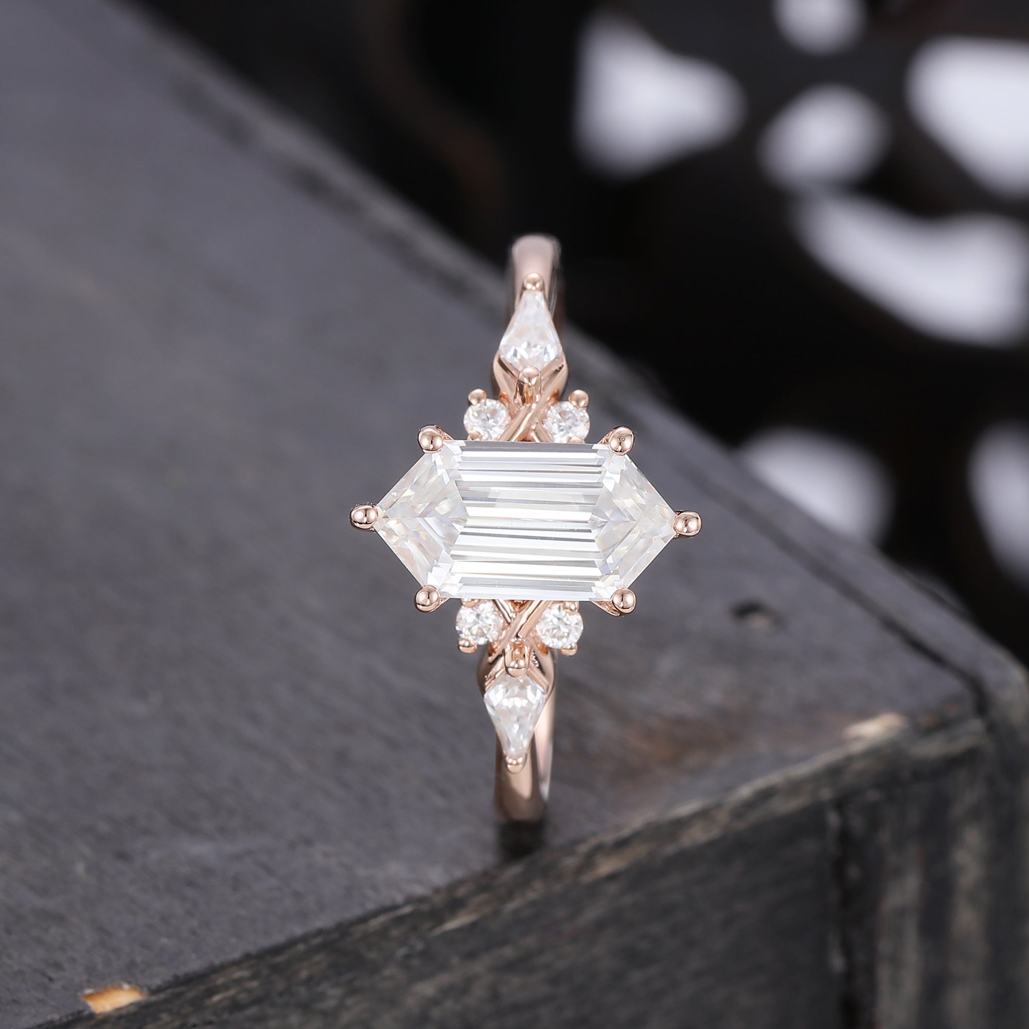 Long Hexagon Cut Moissanite Engagement Ring In Rose Gold