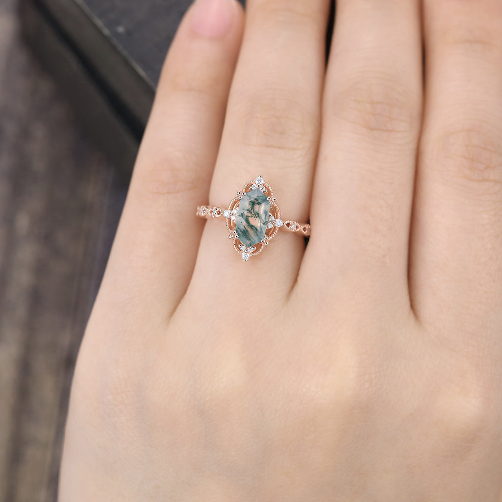 Long Hexagon Moss Agate Engagement Ring Milgrain Lace Halo Promise Ring