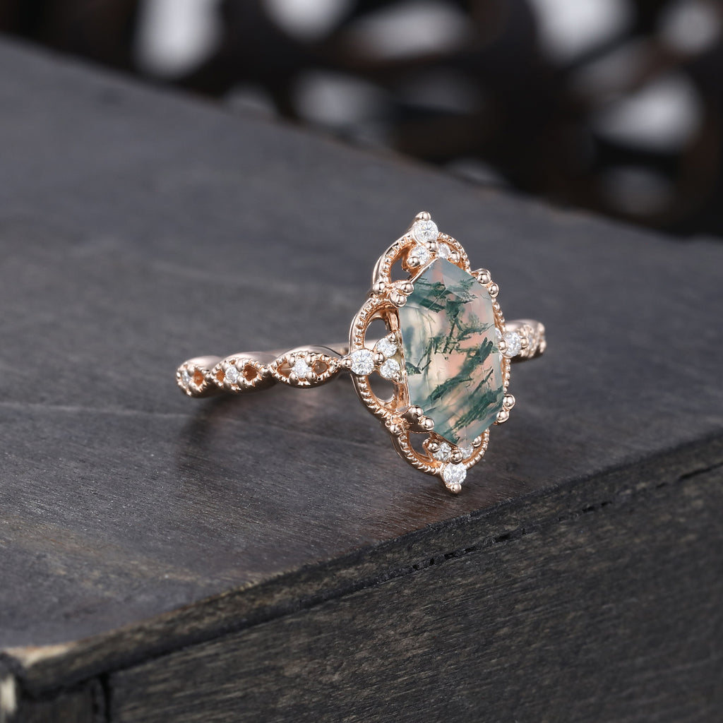 Long Hexagon Moss Agate Engagement Ring Milgrain Lace Halo Promise Ring