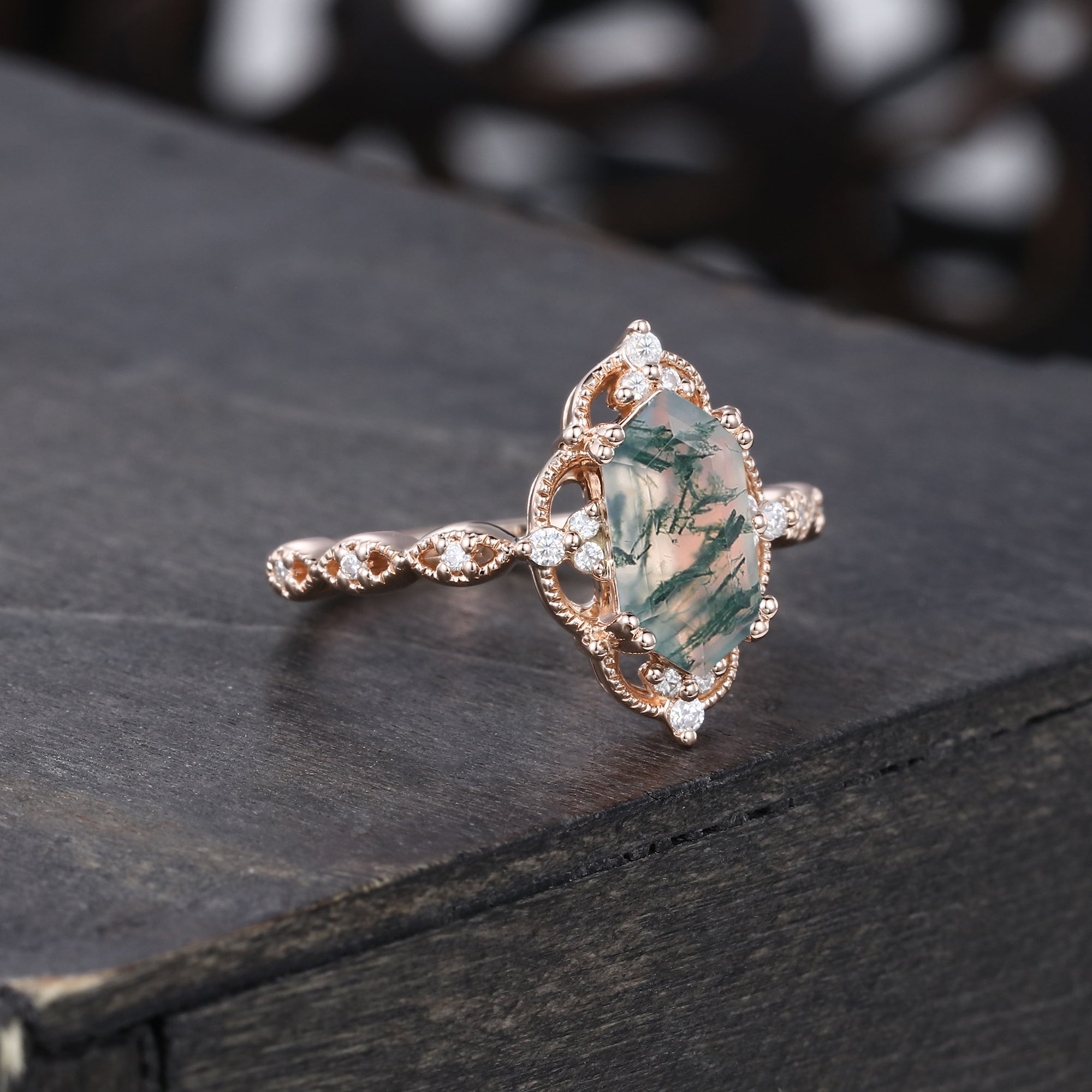 Long Hexagon Moss Agate Engagement Ring Milgrain Lace Halo Promise Ring