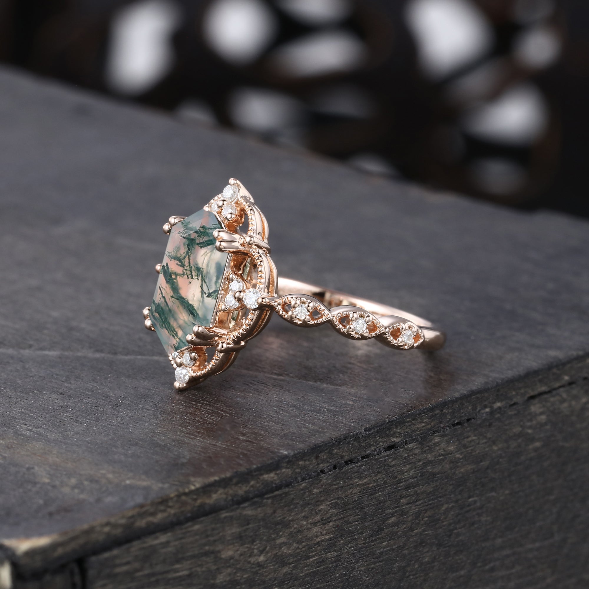 Long Hexagon Moss Agate Engagement Ring Milgrain Lace Halo Promise Ring