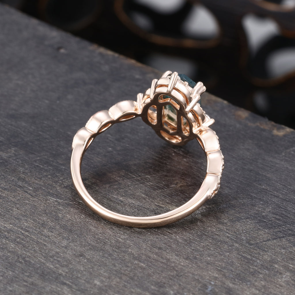 Long Hexagon Moss Agate Engagement Ring Milgrain Lace Halo Promise Ring