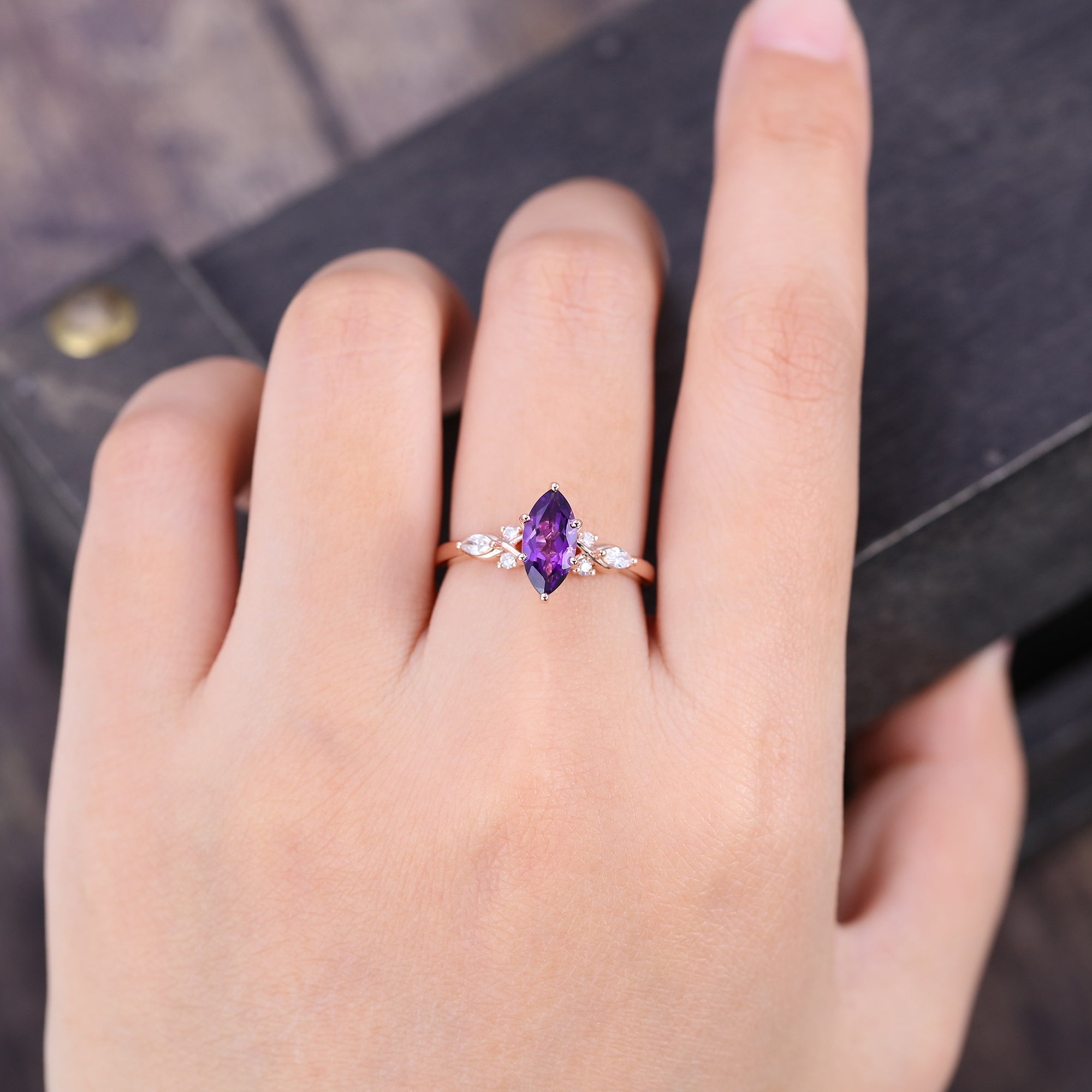 Marquise Cut Amethyst Engagement Ring February Birthstone Ring