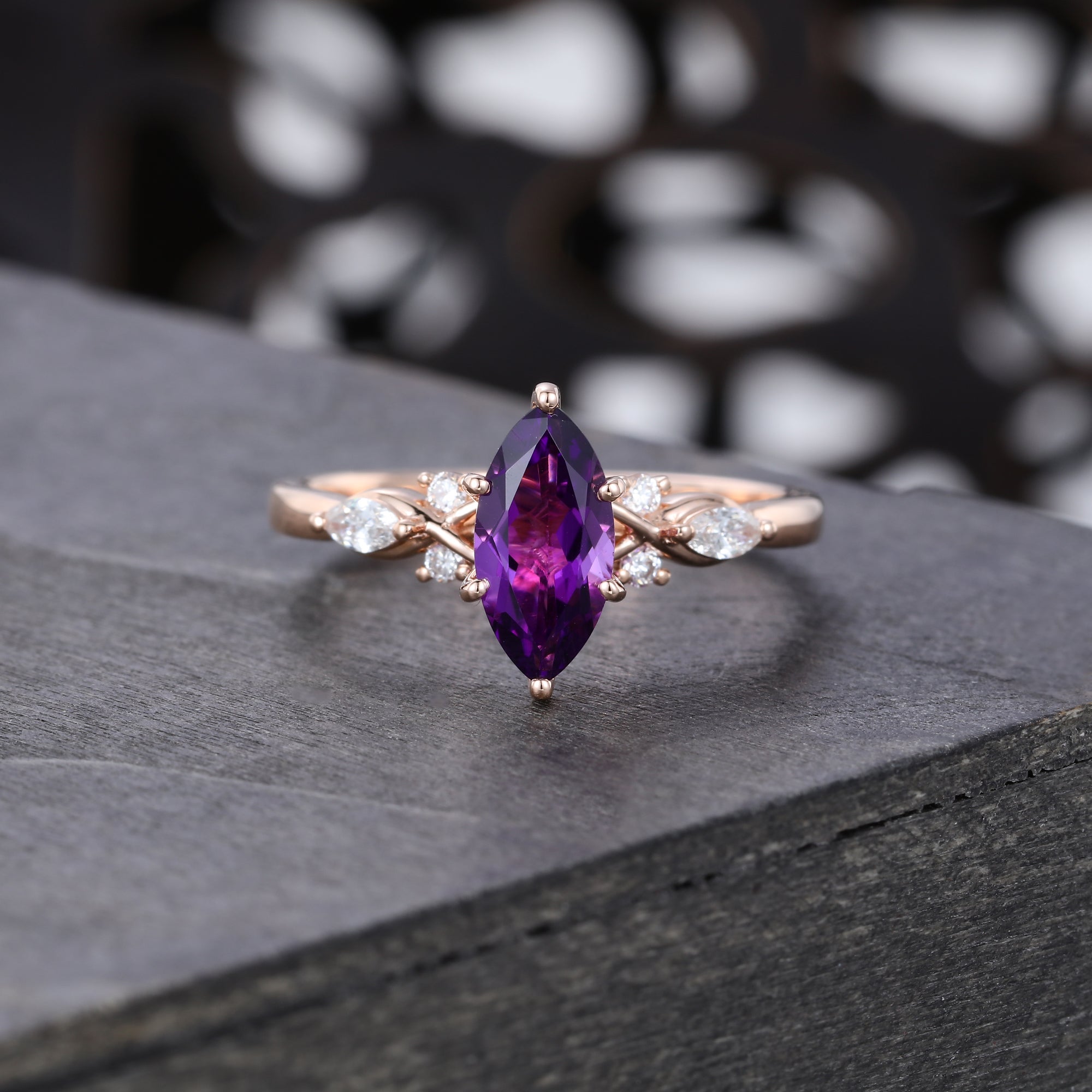 Marquise Cut Amethyst Engagement Ring February Birthstone Ring