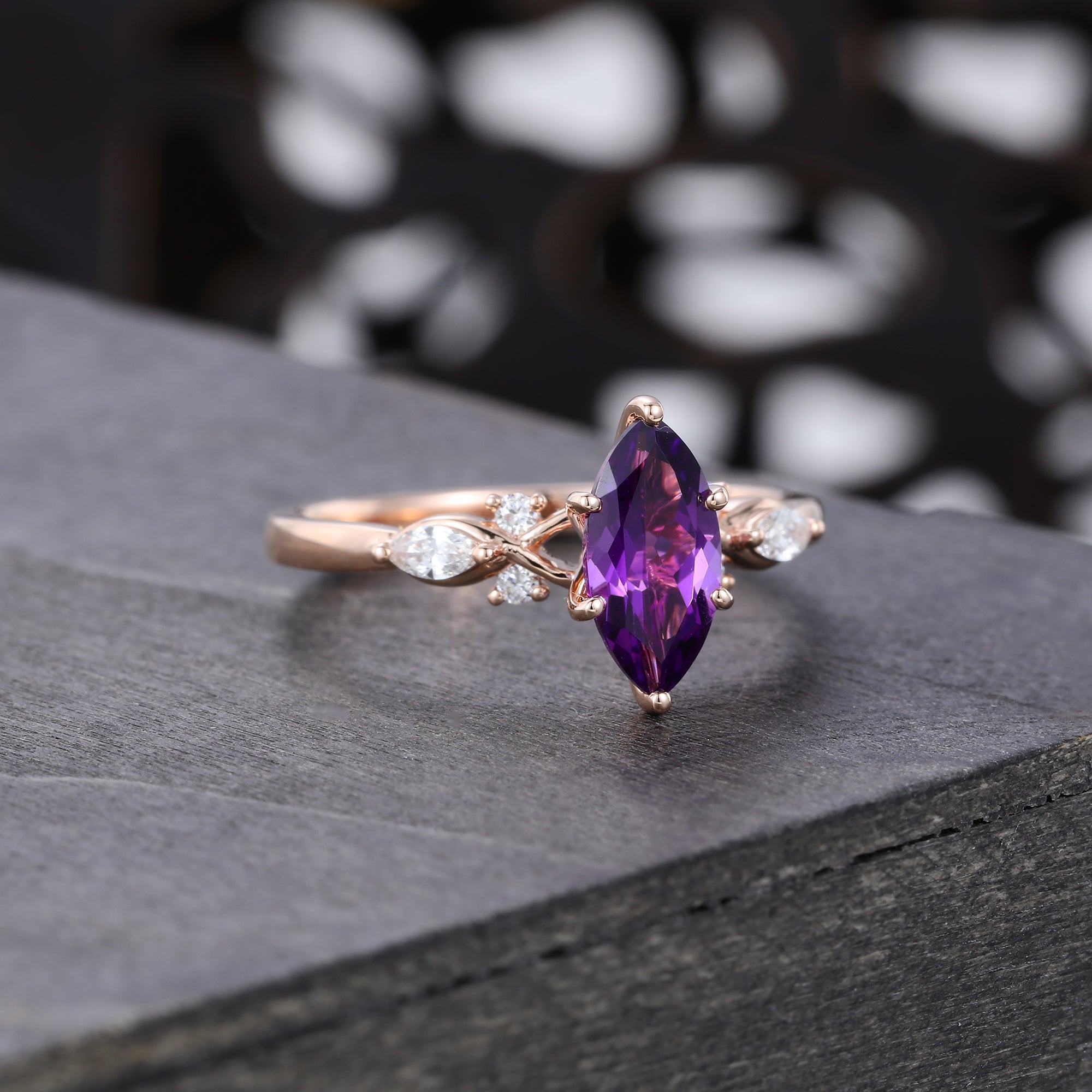 Marquise Cut Amethyst Engagement Ring February Birthstone Ring