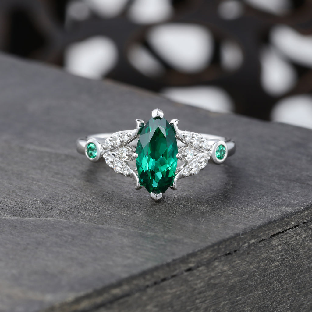 Marquise Cut Emerald Engagement Ring With Moissanite Bud Accents