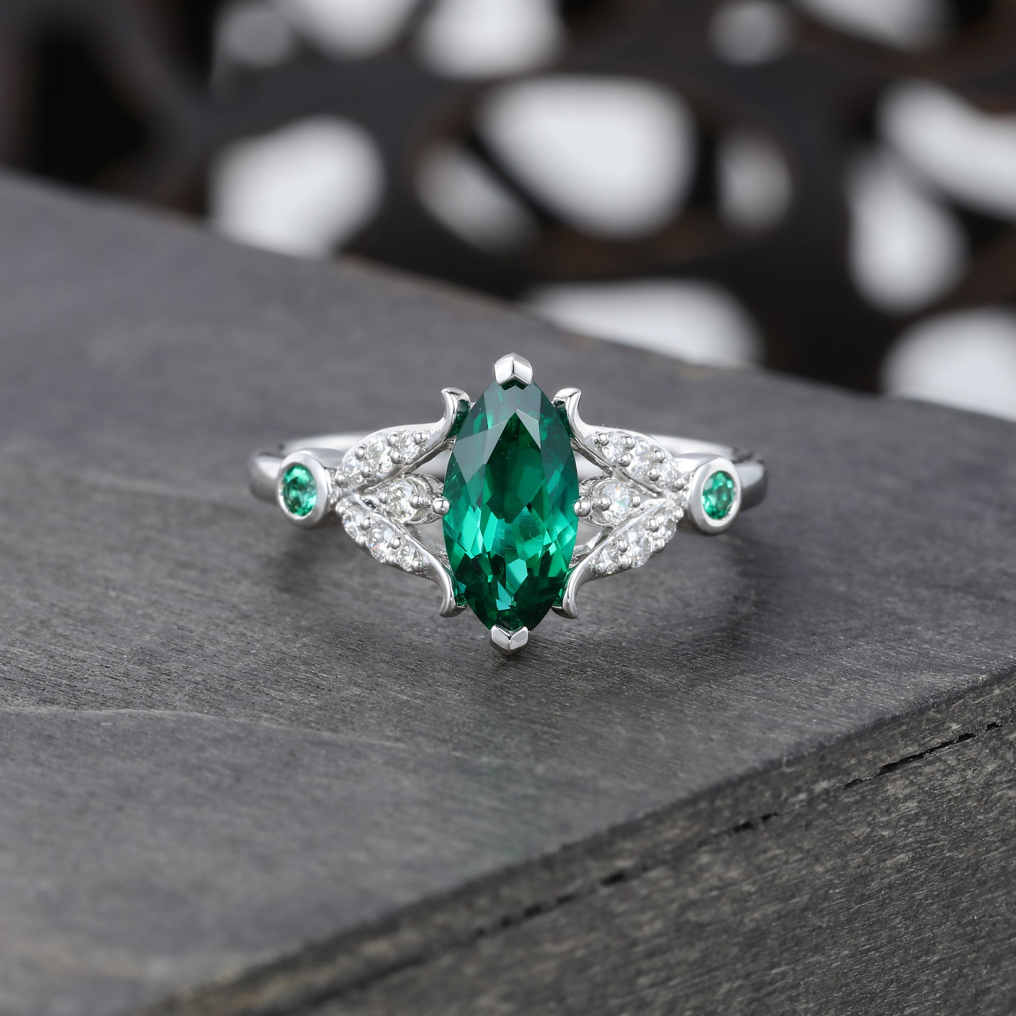 Marquise Cut Emerald Engagement Ring With Moissanite Bud Accents