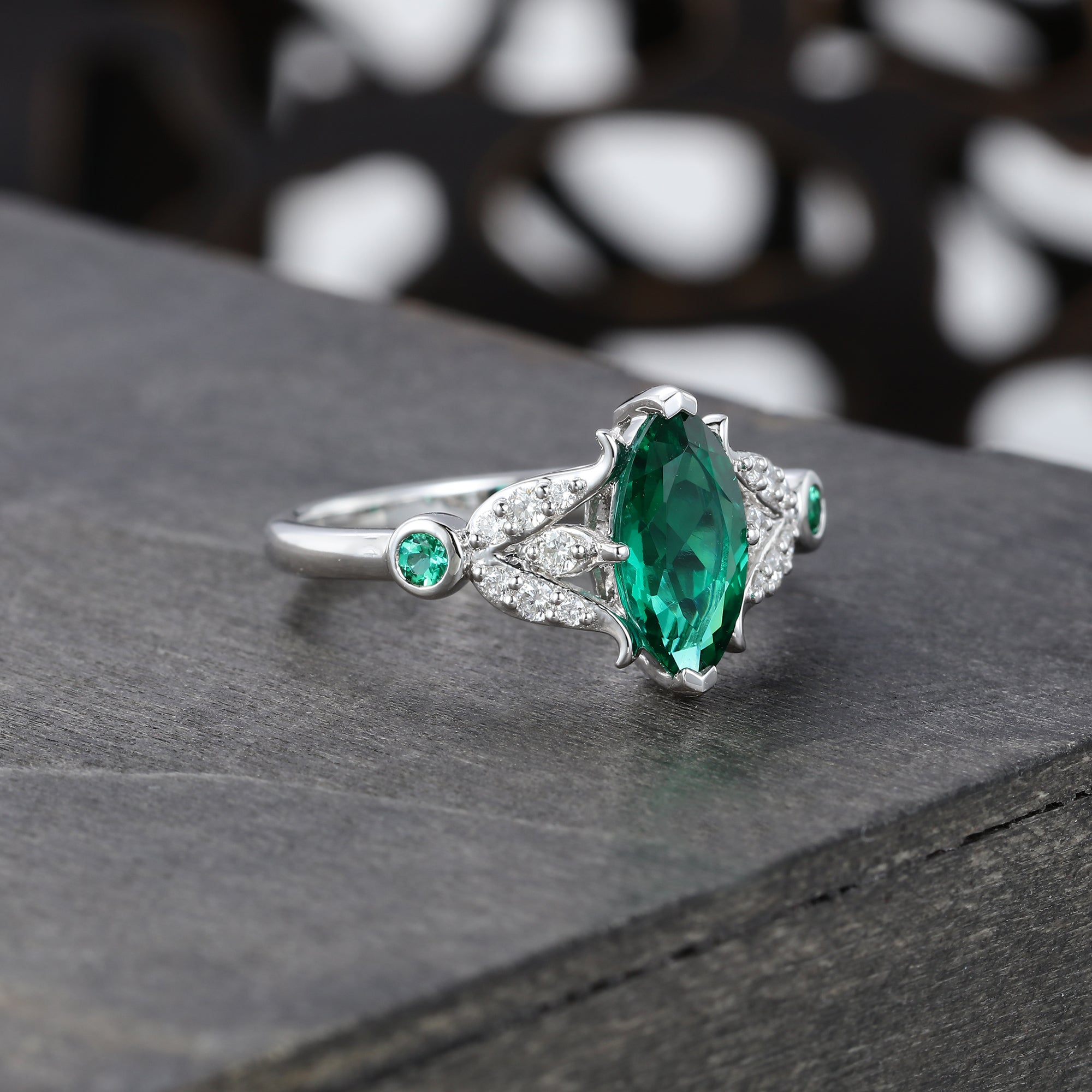 Marquise Cut Emerald Engagement Ring With Moissanite Bud Accents