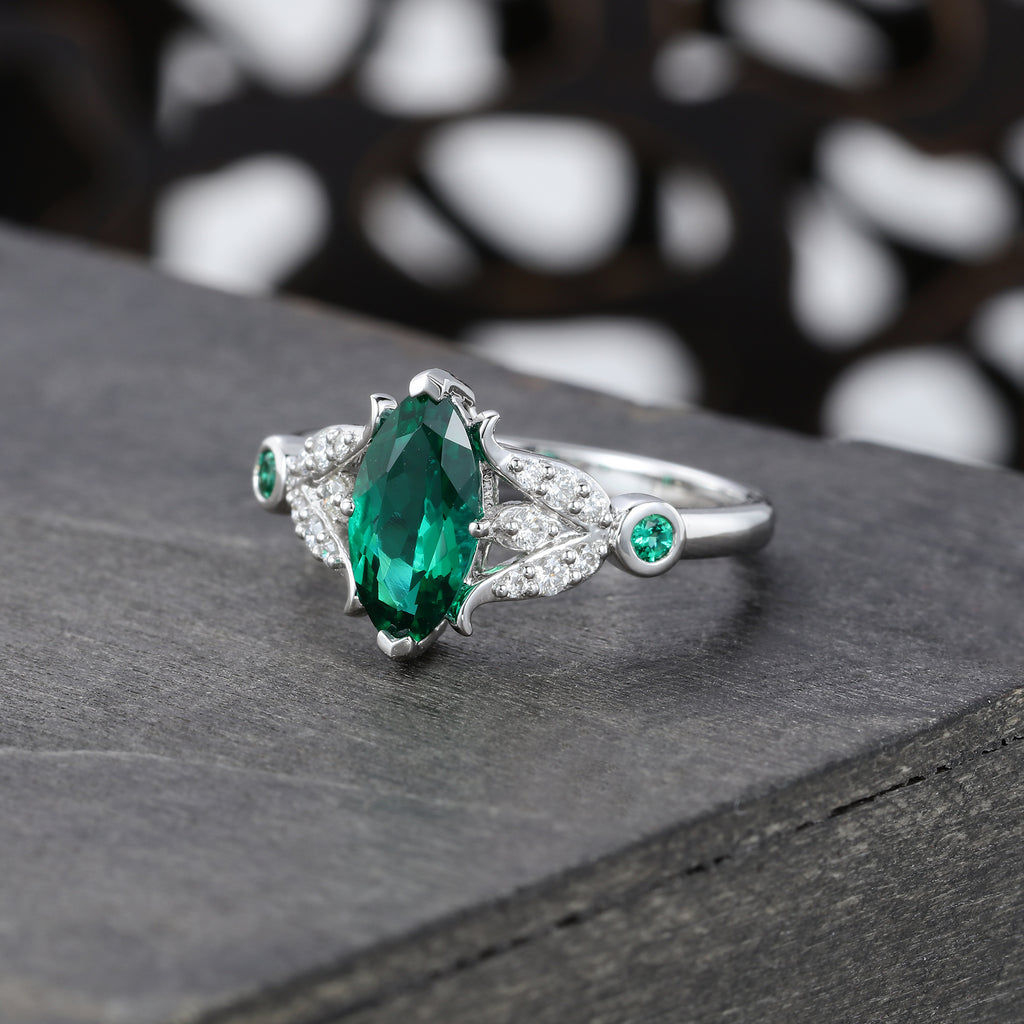 Marquise Cut Emerald Engagement Ring With Moissanite Bud Accents