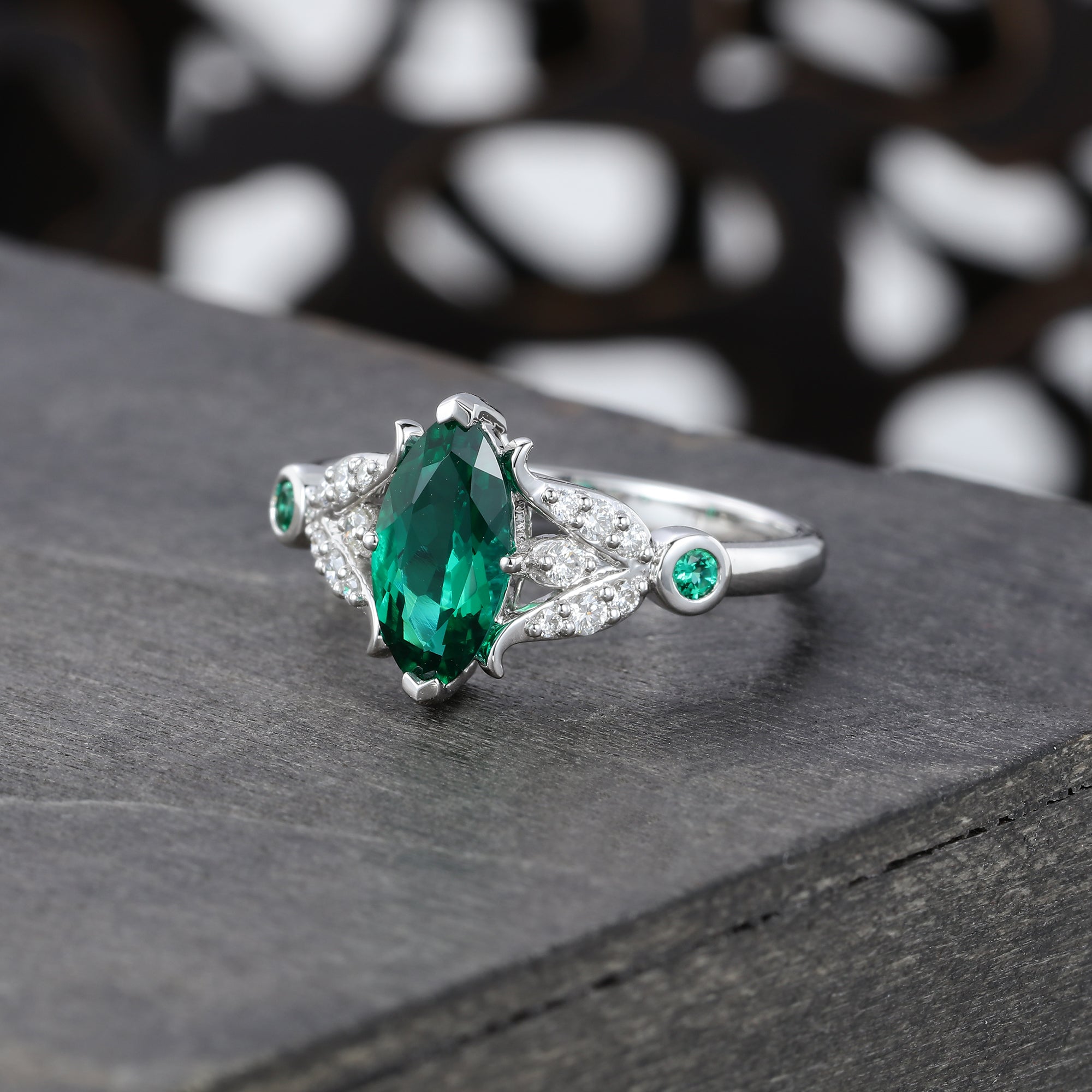 Marquise Cut Emerald Engagement Ring With Moissanite Bud Accents