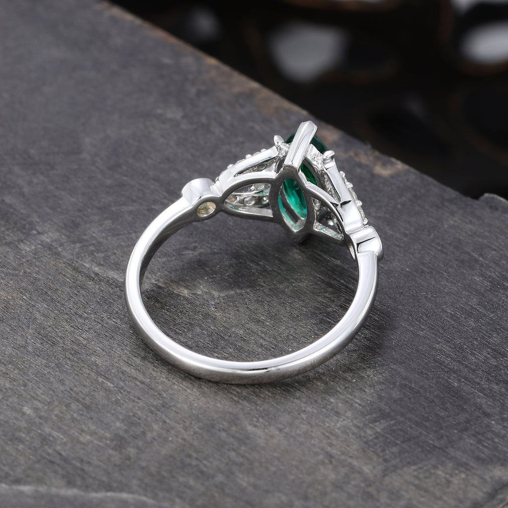 Marquise Cut Emerald Engagement Ring With Moissanite Bud Accents