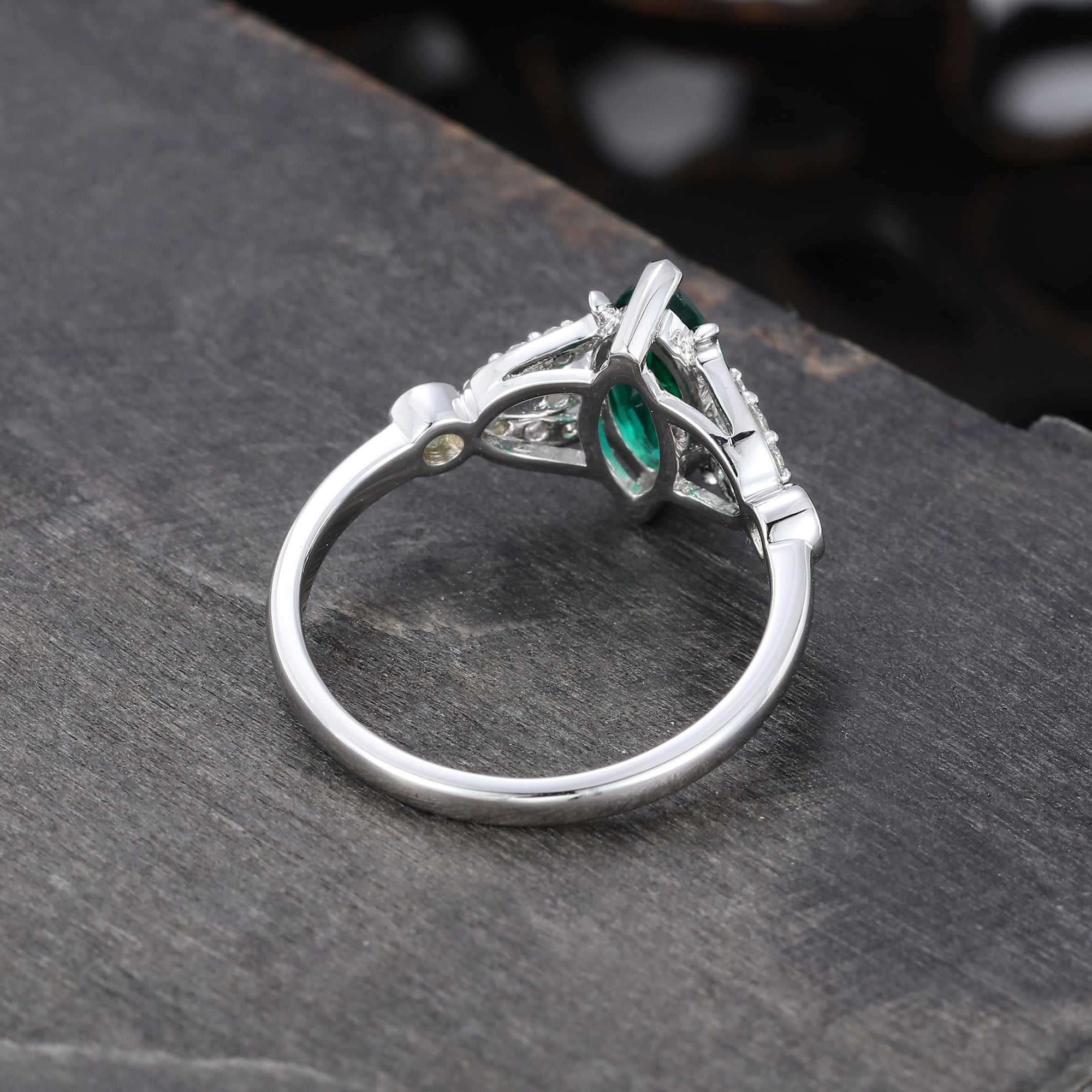 Marquise Cut Emerald Engagement Ring With Moissanite Bud Accents