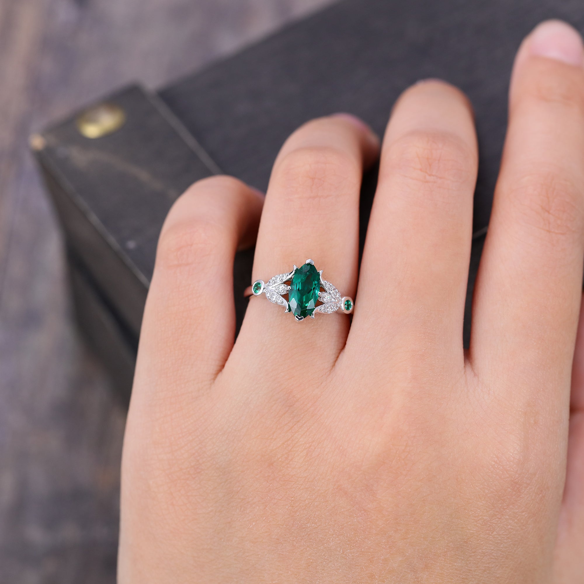 Marquise Cut Emerald Engagement Ring With Moissanite Bud Accents