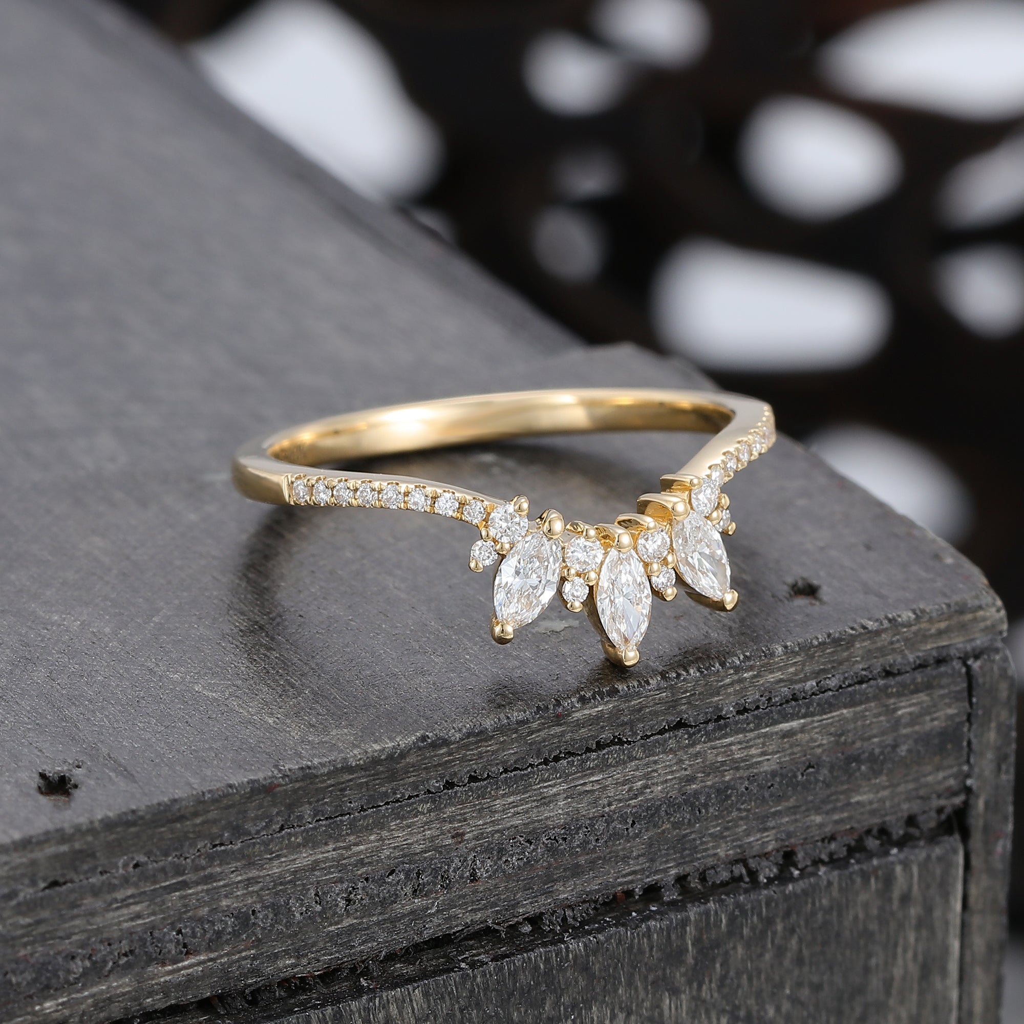 Marquise Cut Moissanite Curved Wedding Band Pavé Matching Ring
