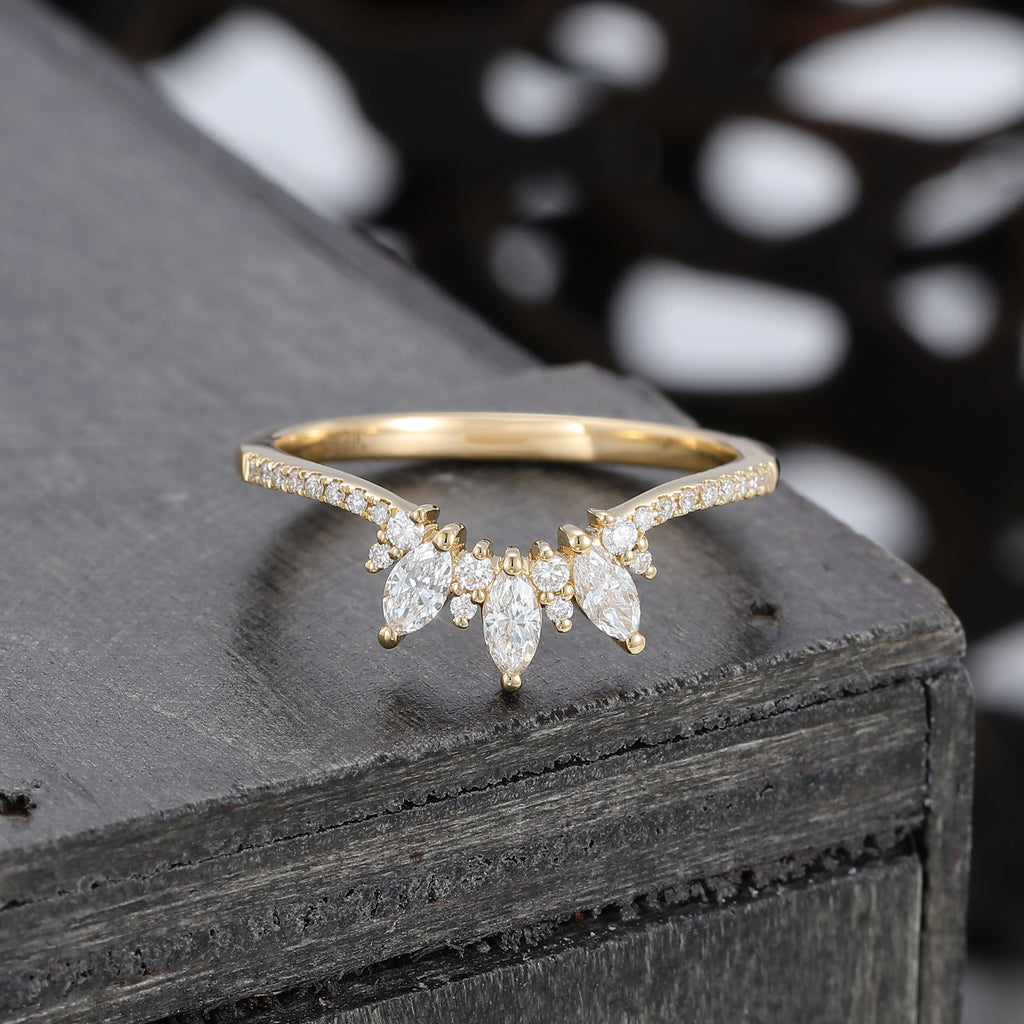 Marquise Cut Moissanite Curved Wedding Band Pavé Matching Ring