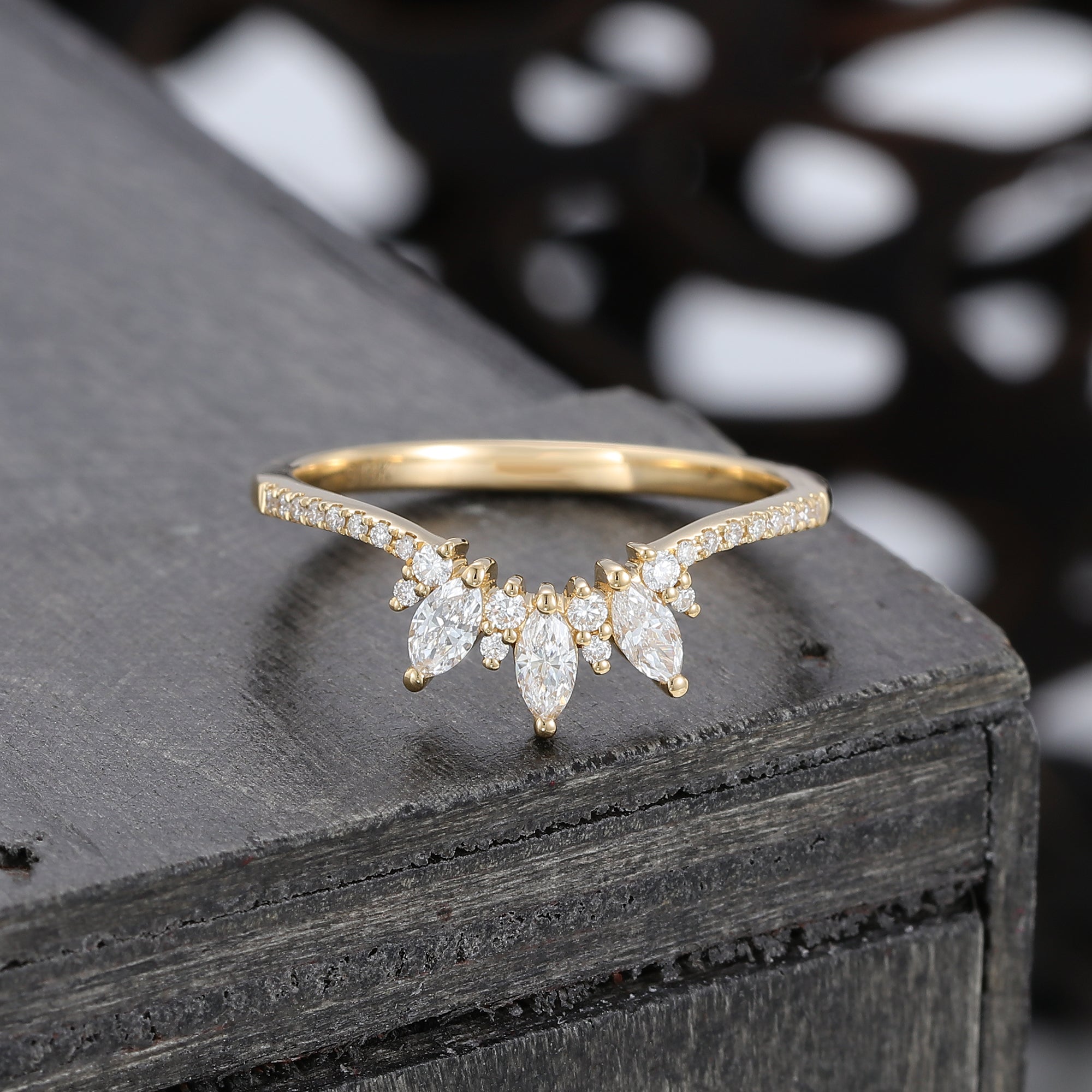 Marquise Cut Moissanite Curved Wedding Band Pavé Matching Ring