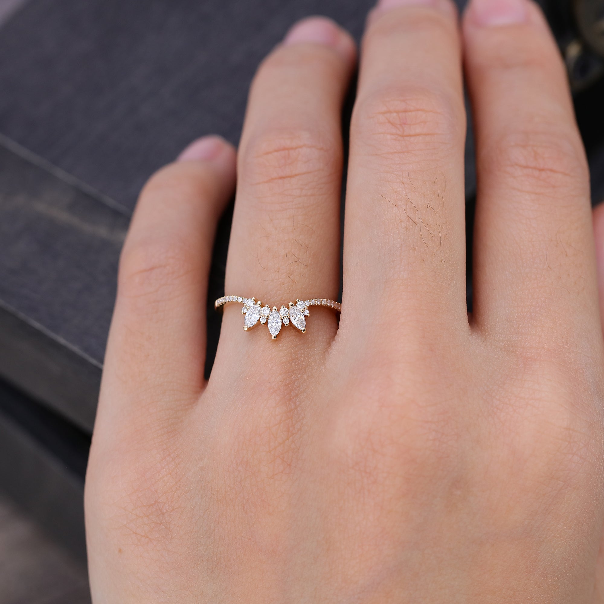 Marquise Cut Moissanite Curved Wedding Band Pavé Matching Ring