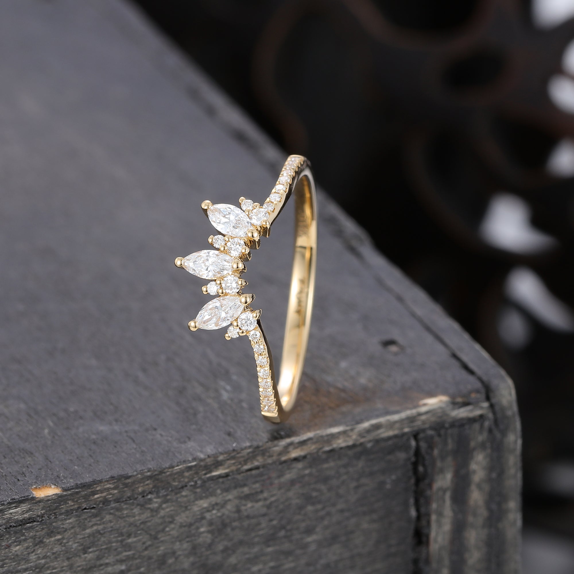Marquise Cut Moissanite Curved Wedding Band Pavé Matching Ring