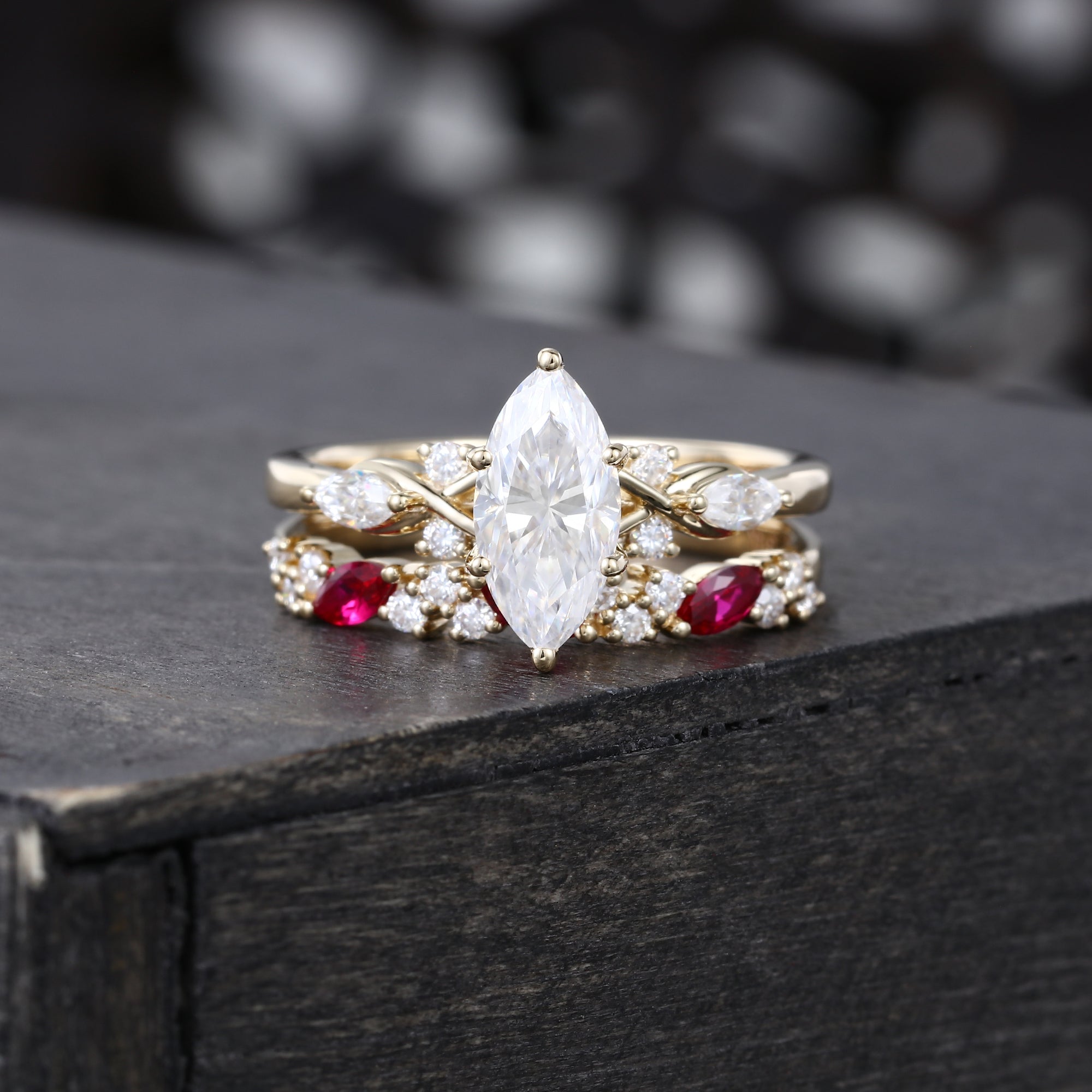 Marquise Cut Moissanite Engagement Ring Set Ruby Accent Bridal Set
