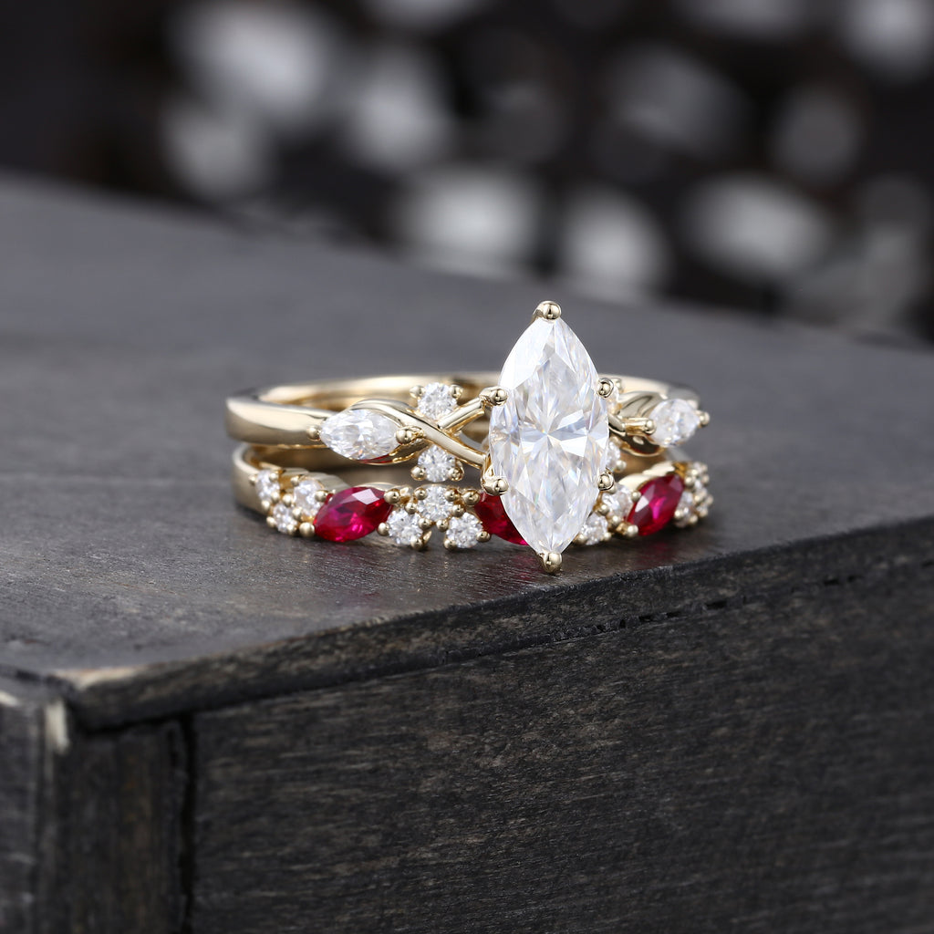Marquise Cut Moissanite Engagement Ring Set Ruby Accent Bridal Set