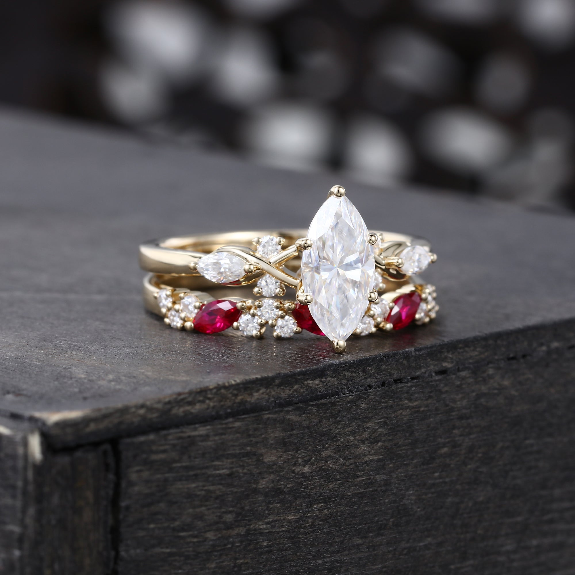 Marquise Cut Moissanite Engagement Ring Set Ruby Accent Bridal Set