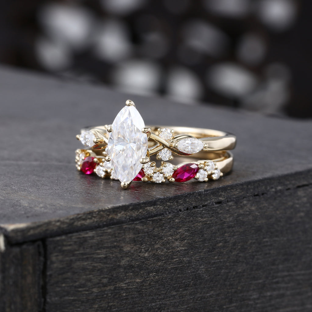 Marquise Cut Moissanite Engagement Ring Set Ruby Accent Bridal Set
