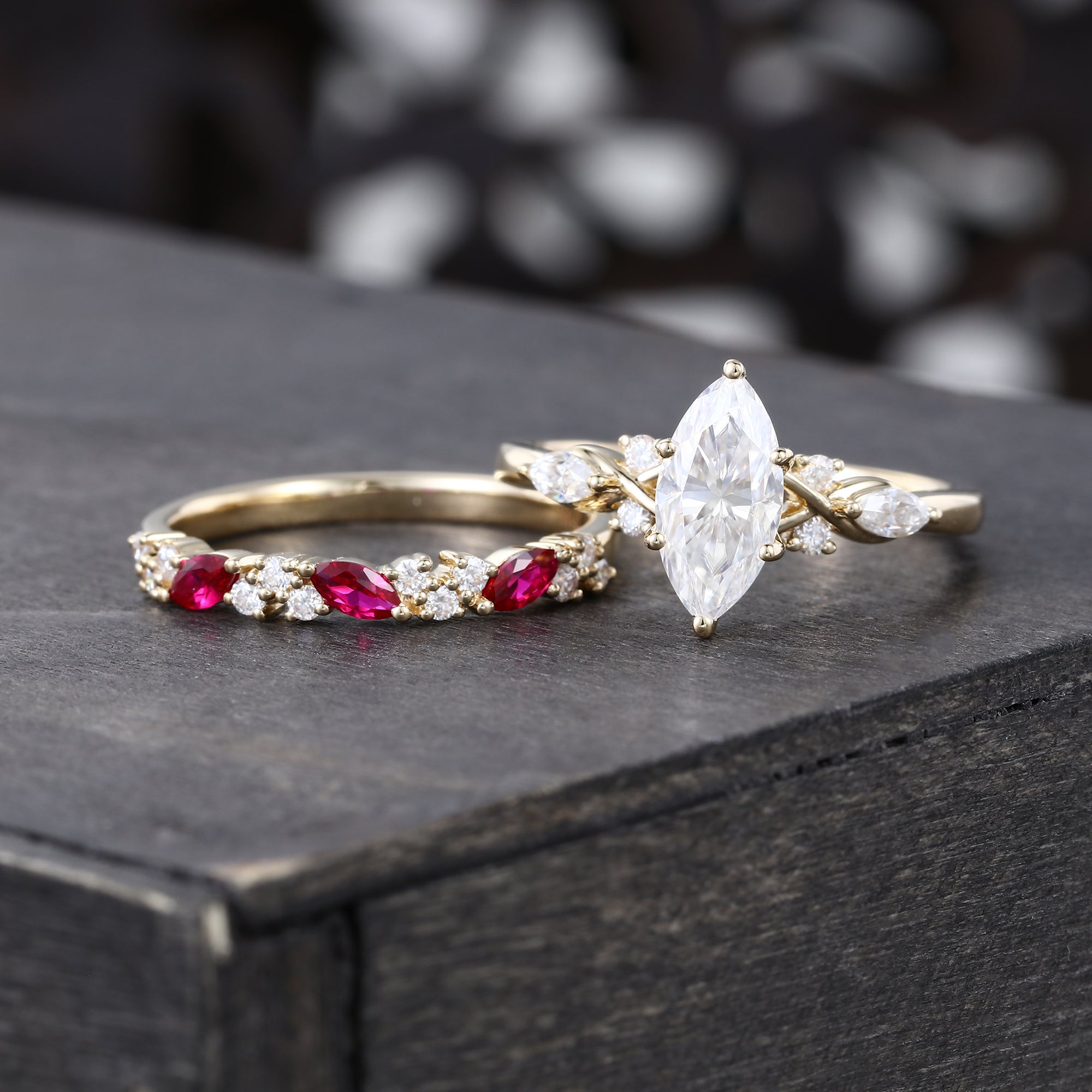 Marquise Cut Moissanite Engagement Ring Set Ruby Accent Bridal Set