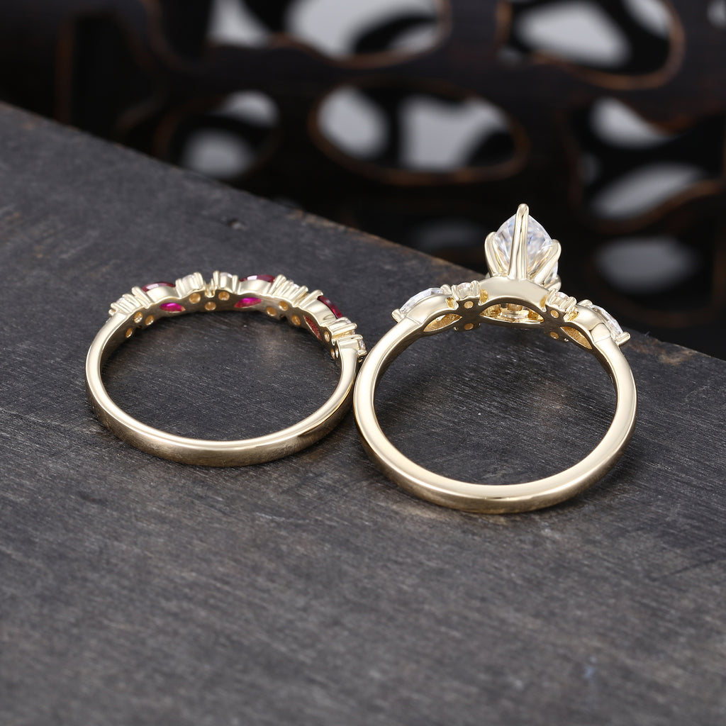 Marquise Cut Moissanite Engagement Ring Set Ruby Accent Bridal Set