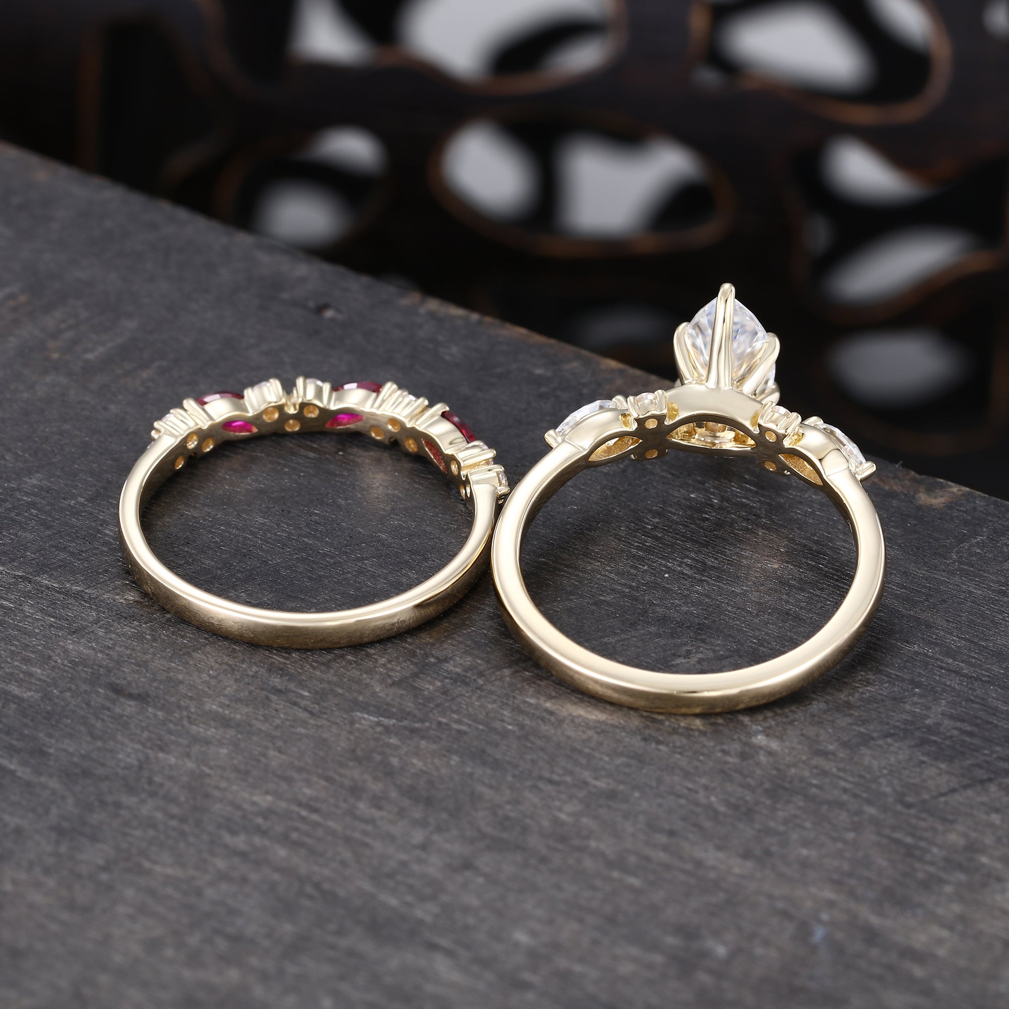 Marquise Cut Moissanite Engagement Ring Set Ruby Accent Bridal Set