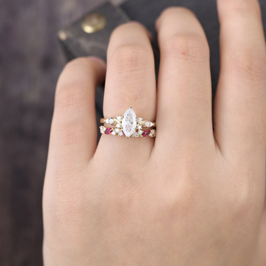 Marquise Cut Moissanite Engagement Ring Set Ruby Accent Bridal Set