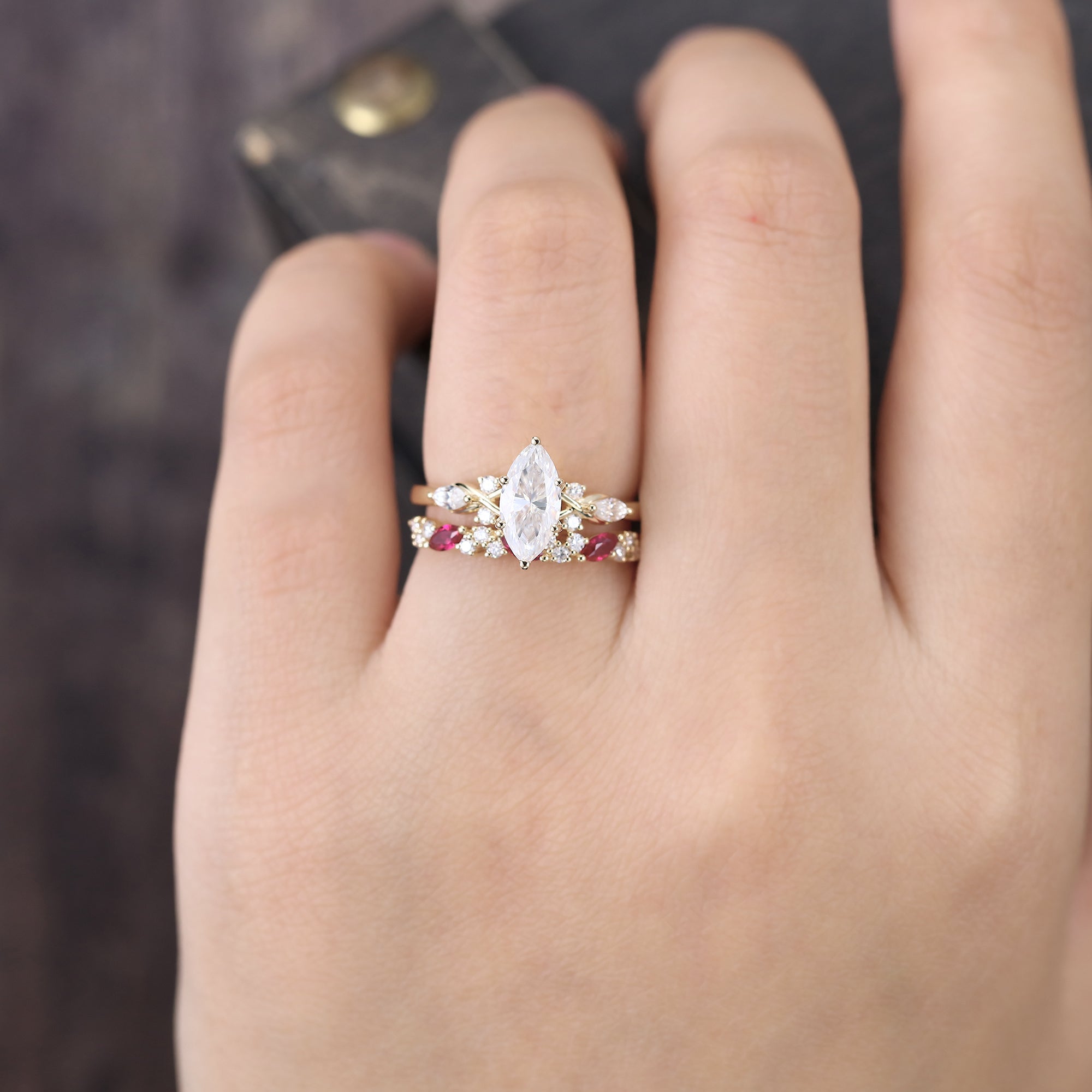 Marquise Cut Moissanite Engagement Ring Set Ruby Accent Bridal Set