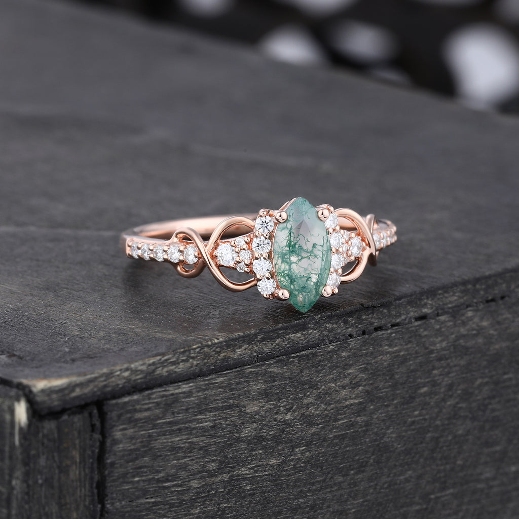 Marquise Cut Moss Agate Infinity Pavé Engagement Ring