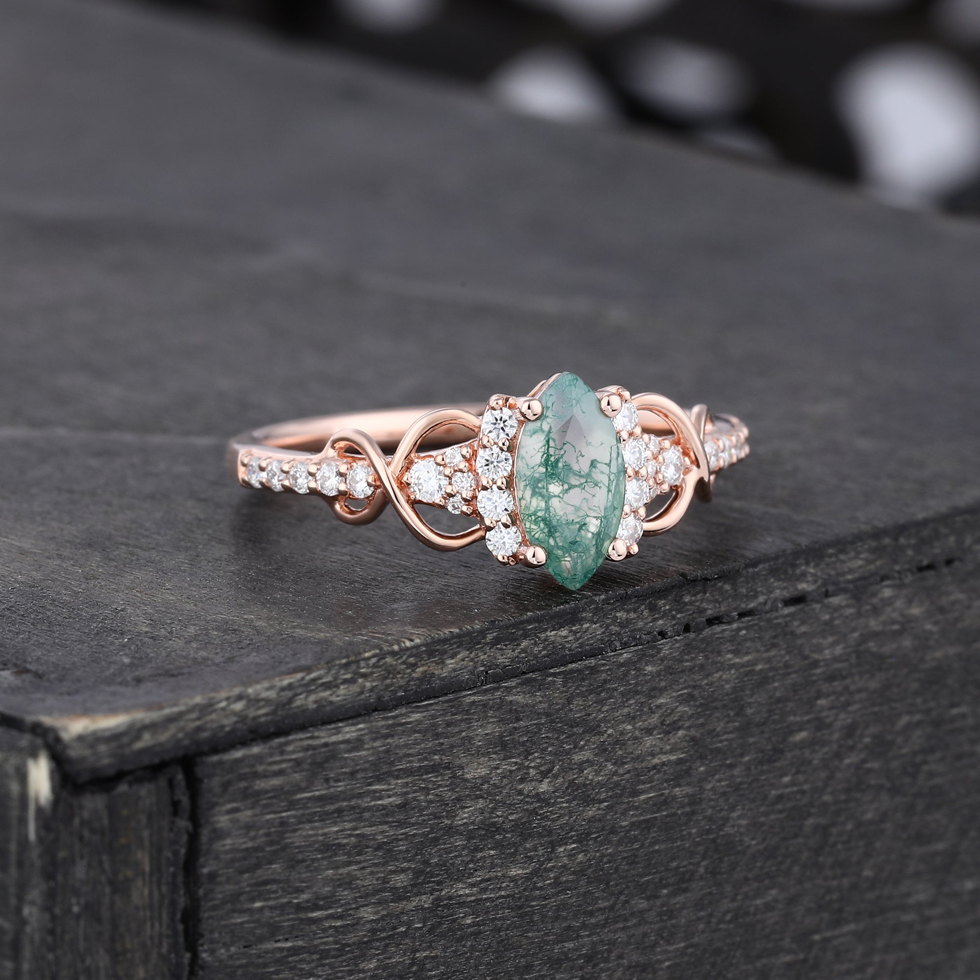 Marquise Cut Moss Agate Infinity Pavé Engagement Ring